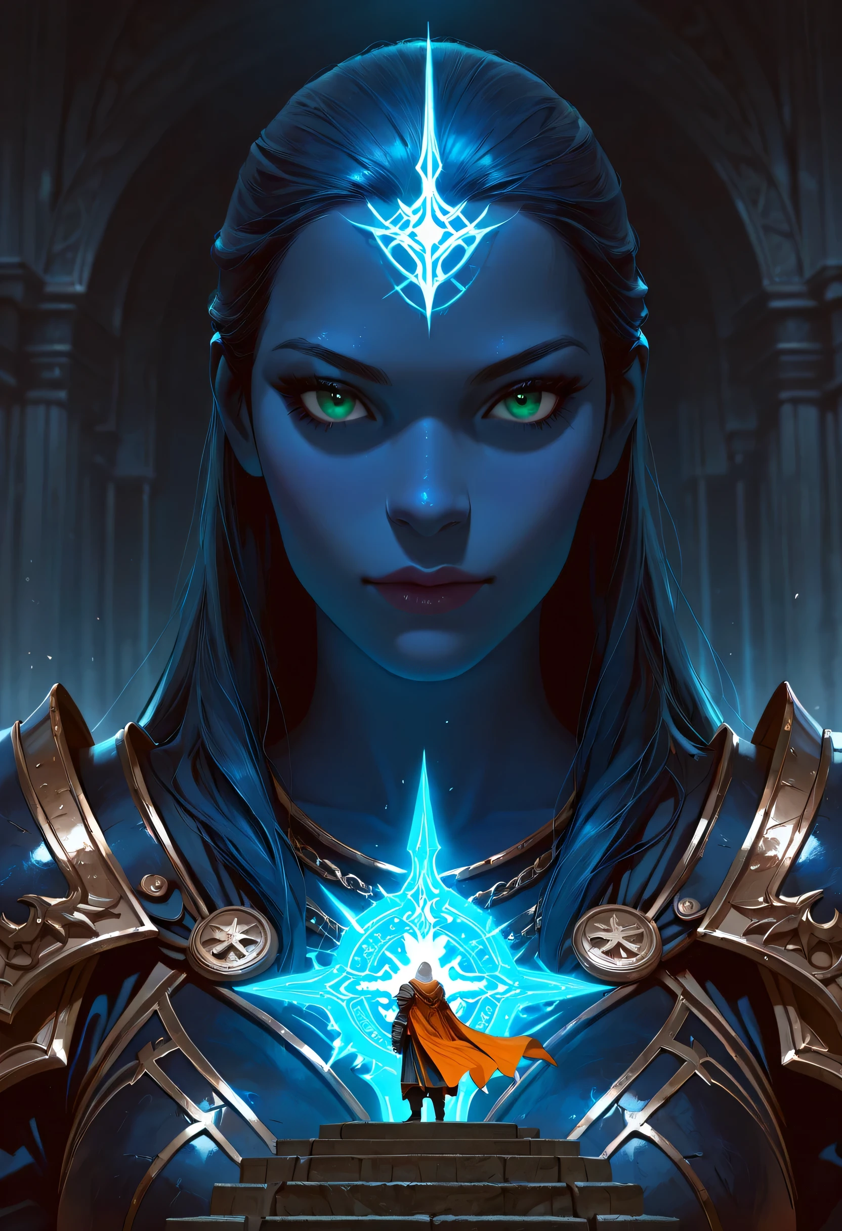 Picture of a vedalken female cleric ((dark blue skin: 1.5)), intense details facial details, exquisite beauty, cleric, (dark blue skin: 1.5)) female, ((bald)), (((no ears: 1.5))), (green eyes: 1.3), armed with a radiant sword, wearing (twilight priestly combat vestments: 1.5), wearing white armor, wearing high heeled laced boots, wearing white armor, wearing an (orange cloak:1.3), wearing glowing holy symbol, fantasy art, dnd art, RPG art, wide shot, (masterpiece: 1.4) intense details, highly detailed, photorealistic, best quality, highres, within fantasy temple background, reflection light, high details, best quality, 16k, [ultra detailed], masterpiece, best quality, (extremely detailed), close up, ultra wide shot, photorealistic, RAW, fantasy art, dnd art, fantasy art, realistic art,((best quality)), ((masterpiece)), (detailed), perfect face, fantasy,  Aesthetic_PDXL, fantasy