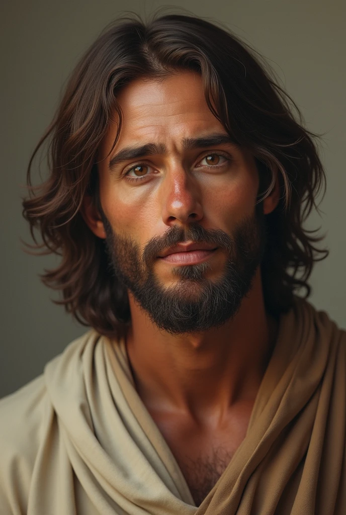 "Create a realistic image of Jesus Christ with authentic and detailed features. He should be looking directly at the camera with a serene and compassionate expression. The scenario can be simple, with soft lighting that highlights his face and features. Your hair should be medium length., dark and slightly wavy, And his beard should be well-groomed. Dress him in a traditional tunic in shades of beige or white. The image should convey a sense of peace and spiritual depth."