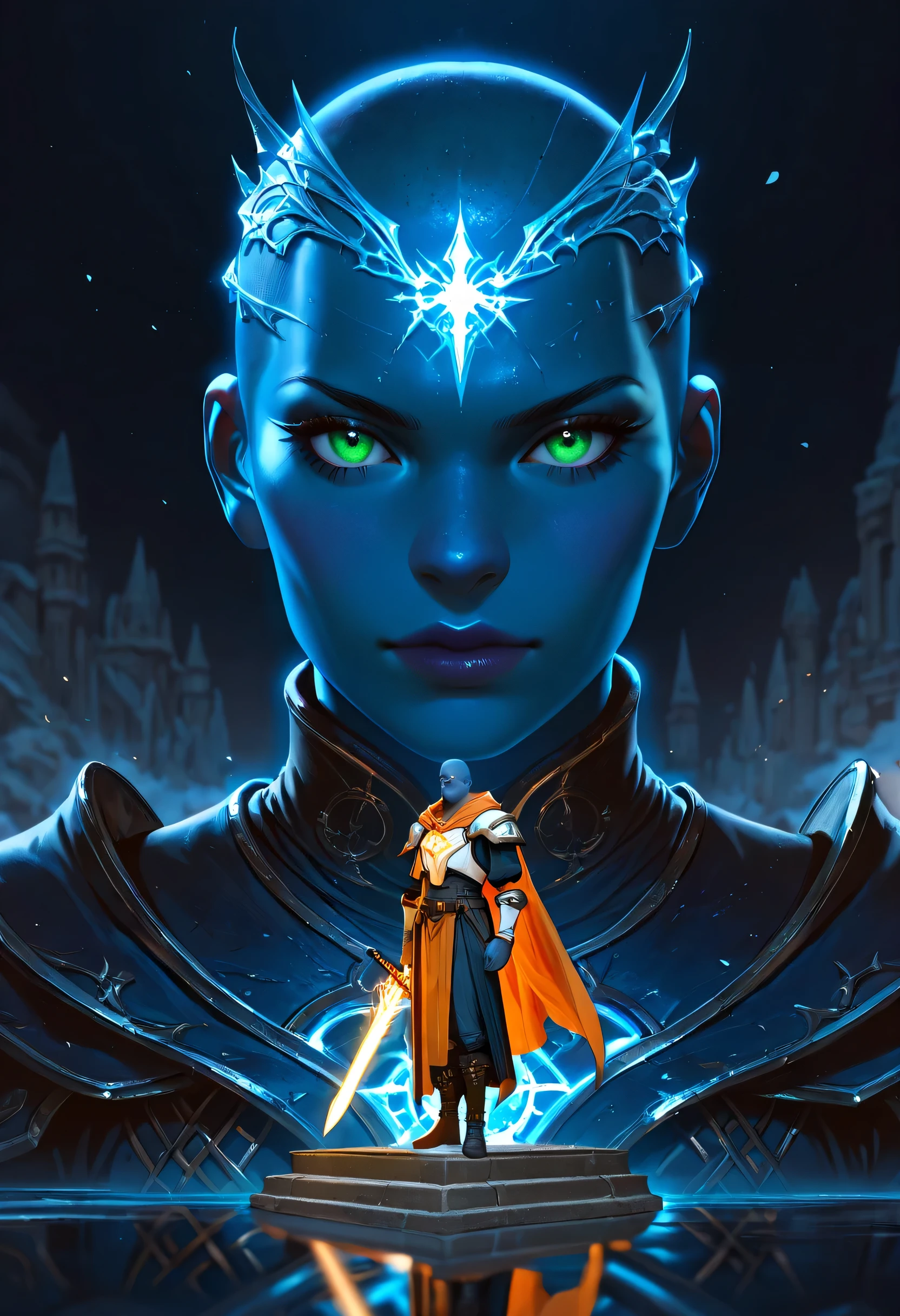 Picture of a vedalken female cleric ((dark blue skin: 1.5)), intense details facial details, exquisite beauty, cleric, (dark blue skin: 1.5)) female, ((bald)), (((no ears: 1.5))), (green eyes: 1.3), armed with a radiant sword, wearing (twilight priestly combat vestments: 1.5), wearing white armor, wearing high heeled laced boots, wearing white armor, wearing an (orange cloak:1.3), wearing glowing holy symbol, fantasy art, dnd art, RPG art, wide shot, (masterpiece: 1.4) intense details, highly detailed, photorealistic, best quality, highres, within fantasy temple background, reflection light, high details, best quality, 16k, [ultra detailed], masterpiece, best quality, (extremely detailed), close up, ultra wide shot, photorealistic, RAW, fantasy art, dnd art, fantasy art, realistic art,((best quality)), ((masterpiece)), (detailed), perfect face, fantasy,  Aesthetic_PDXL, fantasy