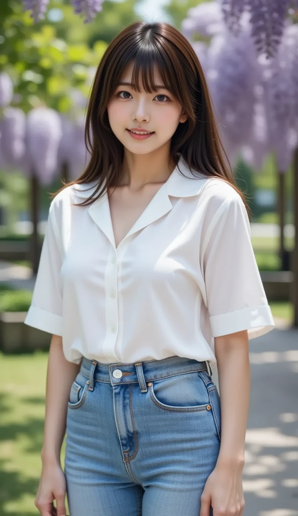 (((best quality))),(((ultra detailed))),(((masterpiece))),illustration,((1 beautiful girl,solo)),((short half ponytail,short hair)),(fair skin:1.3),(detailed eyes:1.3),(smile:1.3),((slim,thin)),((small breasts,flat chest)), (oversize white collared sleeved shirt:1.3),(open shirt,bra),(micro denim shorts:1.2),(slender legs:1.2),(standing:1.3),((vibrant colors, soft glow)), (active and healthy lifestyle,youthful charm),((on the street,cyberpunk city, towering skyscrapers)),(warm sunset glow:1.3),(detailed background:1.3),((vivid neon signs, holographic advertisements, electric atmosphere)),(outdoor:1.3),((summer,dusk scene)),((from front,upper body))