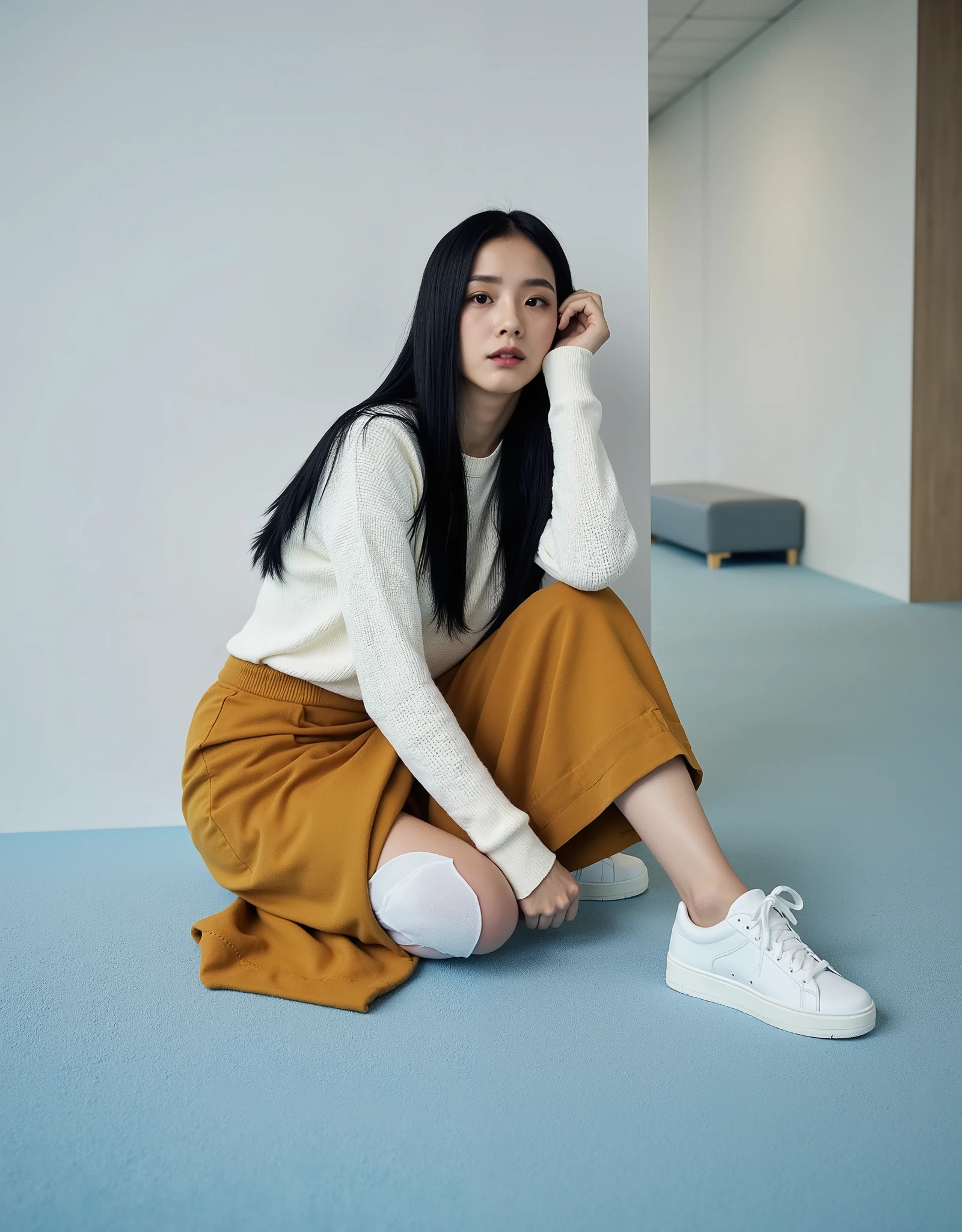 (RAW photo:1.2), (Photorealistic:1.4),Beautiful detailed woman, very detailed eyes and faces, A detailed eye, ultra - detailed,A high resolution, The is very detailed, best quality, real photo, unified,8k wallpaper, best quality, 1 girl, Alone, Autumn and winter outfits, Asian, Japanese, 153cm height girl, The background is blurred out, full body image, curvy girl, Exquisite beautiful face, deep eyes, A beautiful lady, best quality, Full-body portrait of a 25-year-old girl, poker face, no smile, , A beautiful lady, Asian, Japanese, long straight hair, black long straight hair, Low height, poker face, no smile, flat lying on the ground in front white wall in an empty conference room, light blue carpet, Wearing white sweater, Wearing a ginger yellow suede fabric long circle flared skirt midi length, long skirt is covered the legs, white sport shoes, Whole body photo, full body wallpaper, well-lighted, High resolution, sharp photo, best quality, studio well lighted, natural white day light, realistic, up angle camera shot, overlook camera 