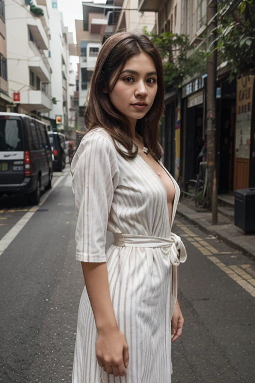 [[((young attractive Singaporean woman with strong Chinese Asian influence, a brown tanned complexion, long straight dark black hair, striking almond-shaped dark brown eyes, a  frame, and a stylish pose:1.6)), ((Sophie Tan:1.5)), leaning against a parked car, wearing ((a white smocked mini dress and a light beige jacket:1.6)). She is striking a relaxed pose with both arms hanging naturally. She is wearing black ankle boots. The background features a vibrant city street with colorful murals. The scene is captured with a ((full-frame DSLR:1.4)) using a ((24-70mm zoom lens:1.4)) to keep Sophie in sharp focus while slightly blurring the background. Professional lighting enhances her natural features and the vivid colors of the street art. The image should be in ((8K resolution:1.5)) with ((hyper-realistic detail:1.6)). The focus is on Sophie’s chic street style, her relaxed pose, and the artistic urban setting.]]
