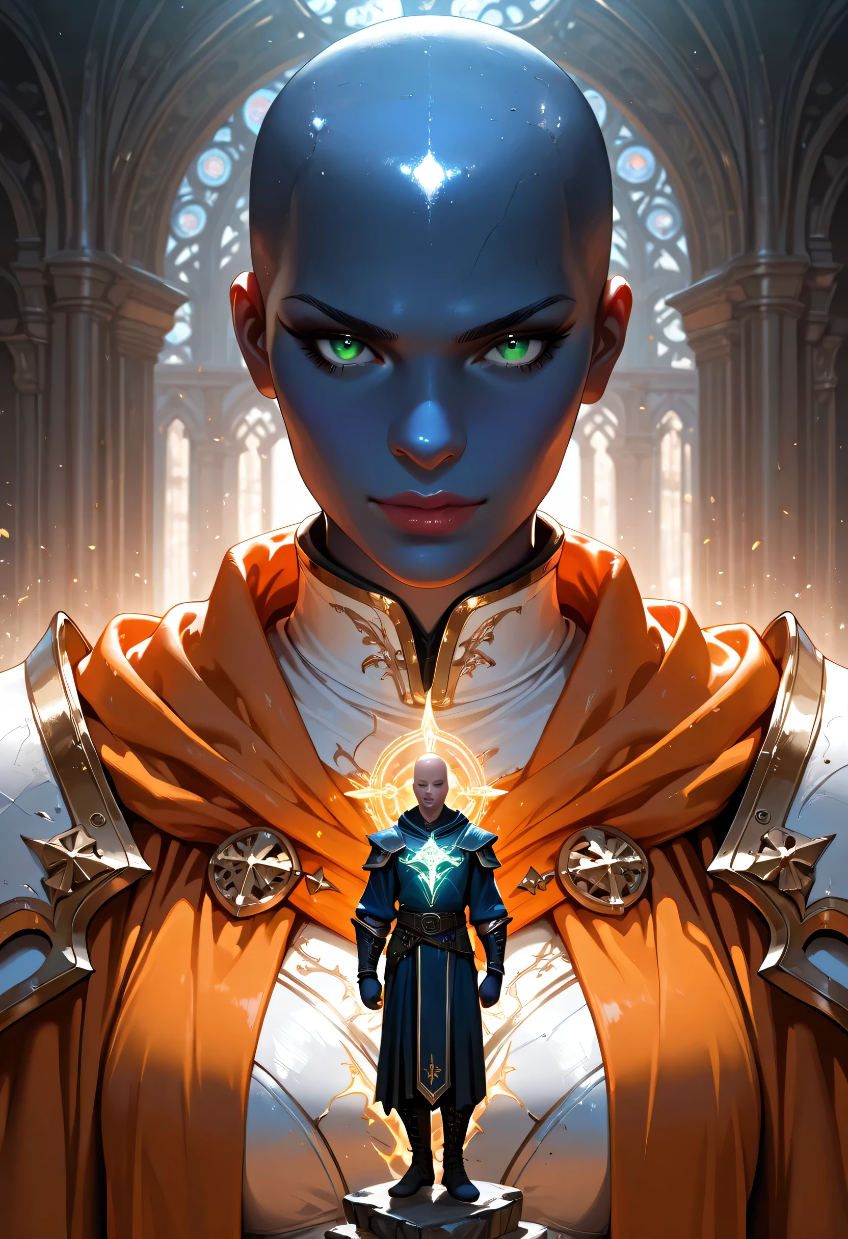 Picture of a vedalken female cleric ((dark blue skin)), intense details facial details, exquisite beauty, cleric, (dark blue skin) female, ((bald)), (((no ears))), (green eyes), armed with a radiant sword, wearing (twilight priestly combat vestments), wearing white armor, wearing high heeled laced boots, wearing white armor, wearing an (orange cloak), wearing glowing holy symbol, fantasy art, dnd art, RPG art, wide shot, (masterpiece) intense details, highly detailed, photorealistic, best quality, highres, within fantasy temple background, reflection light, high details, best quality, 16k, [ultra detailed], masterpiece, best quality, (extremely detailed), close up, ultra wide shot, photorealistic, RAW, fantasy art, dnd art, fantasy art, realistic art,((best quality)), ((masterpiece)), (detailed), perfect face, fantasy,  Aesthetic_PDXL, fantasy