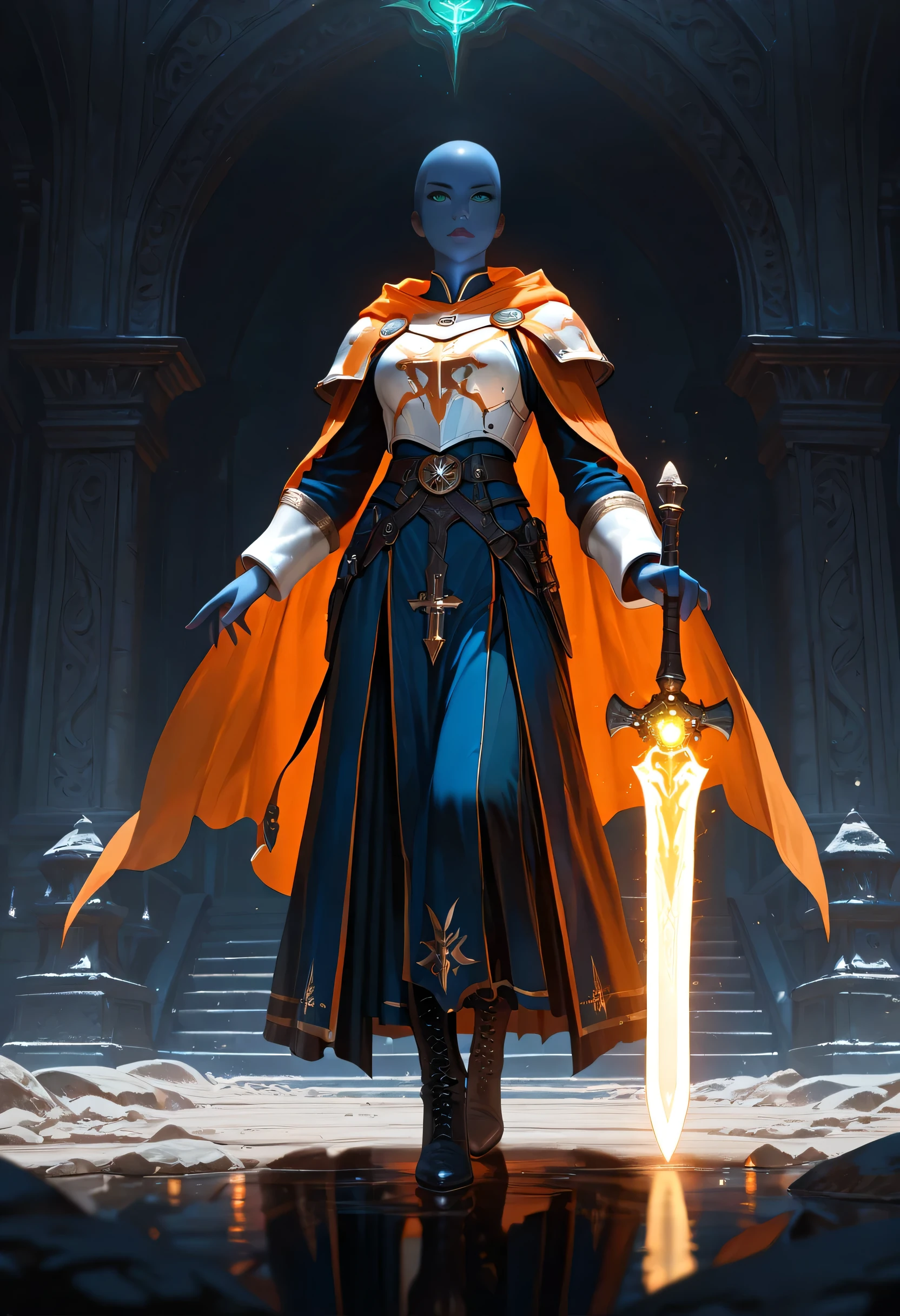 Picture of a vedalken female cleric ((dark blue skin)), intense details facial details, exquisite beauty, cleric, (dark blue skin) female, ((bald)), (((no ears))), (green eyes), armed with a radiant sword, wearing (twilight priestly combat vestments), wearing white armor, wearing high heeled laced boots, wearing white armor, wearing an (orange cloak), wearing glowing holy symbol, fantasy art, dnd art, RPG art, wide shot, (masterpiece) intense details, highly detailed, photorealistic, best quality, highres, within fantasy temple background, reflection light, high details, best quality, 16k, [ultra detailed], masterpiece, best quality, (extremely detailed), close up, ultra wide shot, photorealistic, RAW, fantasy art, dnd art, fantasy art, realistic art,((best quality)), ((masterpiece)), (detailed), perfect face, fantasy,  Aesthetic_PDXL, fantasy