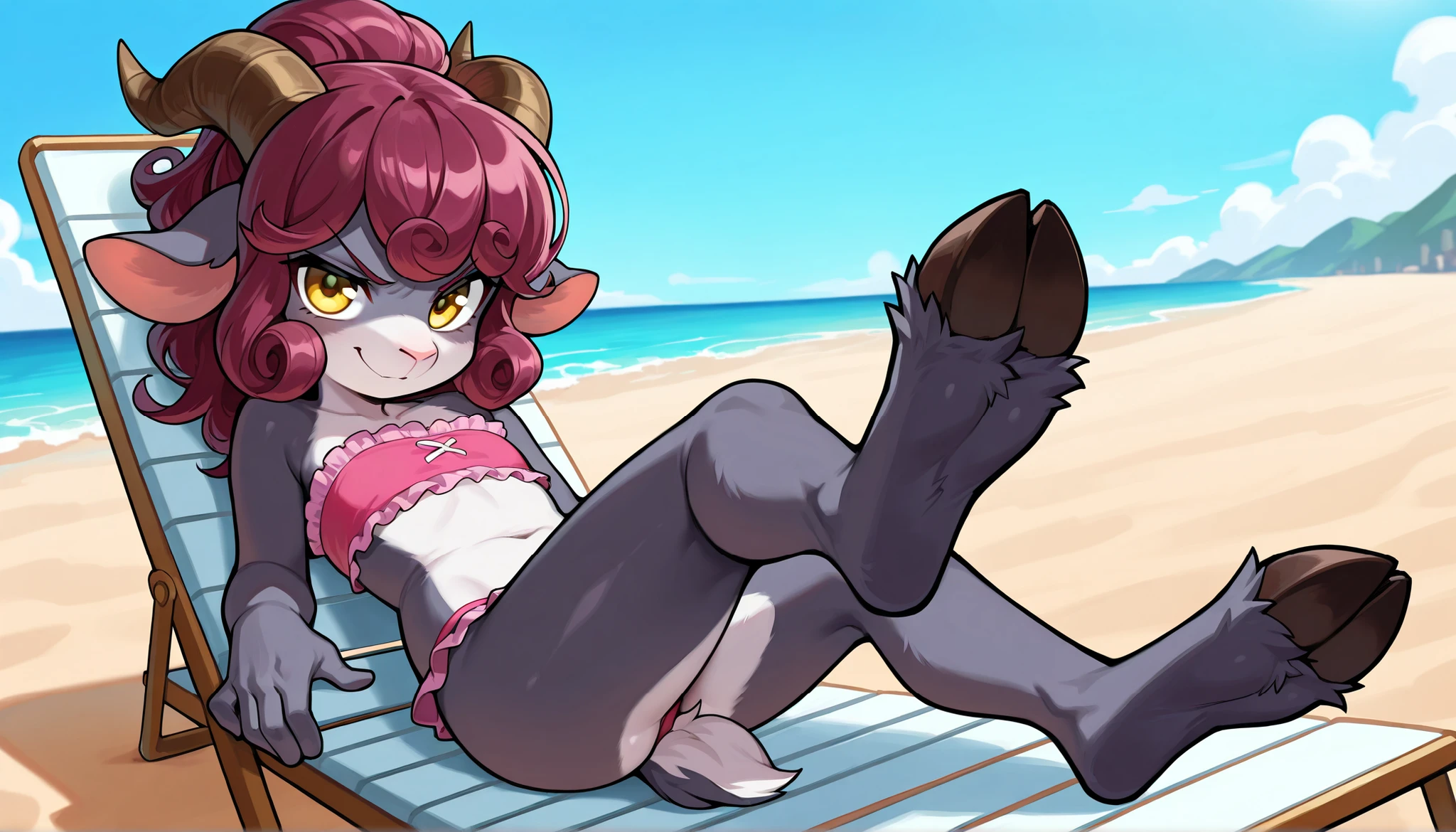 Furry shota, Lamb, "Cult of the lamb", red eyes, clear black body fur, black nose, small horns, white hair, spiky hairstyle, short hair, full body, detailed body fur, detailed body, detailed eyes, glistering body, shiny body, gorgeous body, masterpiece, feets whit three toes, ((crown, red cloak, bell on neck)), sit on beach chair, beach, clear sky, feet focus, low angle, 
