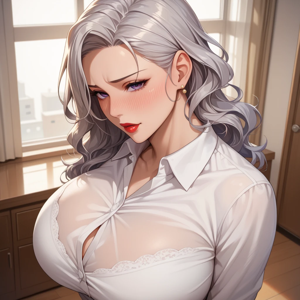 best image quality、Raw photo、ultra high resolution、16 years old Korean、very big breasts、(underboob:1.8)、cleavage、school uniform、collared shirt、school uniformのシャツ、shirt not closed、plaid skirt、pure white skin、glossy white skin、short bob、bright silver hair、bright white hair、、beautiful eyes with random colors、very thin lips、Beautiful eyes in every detail、elongated eyes、light pink blush、long eyelashes、beautiful double eyelids、eye shadow、beautiful abs、beautiful navel、beautiful ribs、headless、earrings、night school、dim library at night