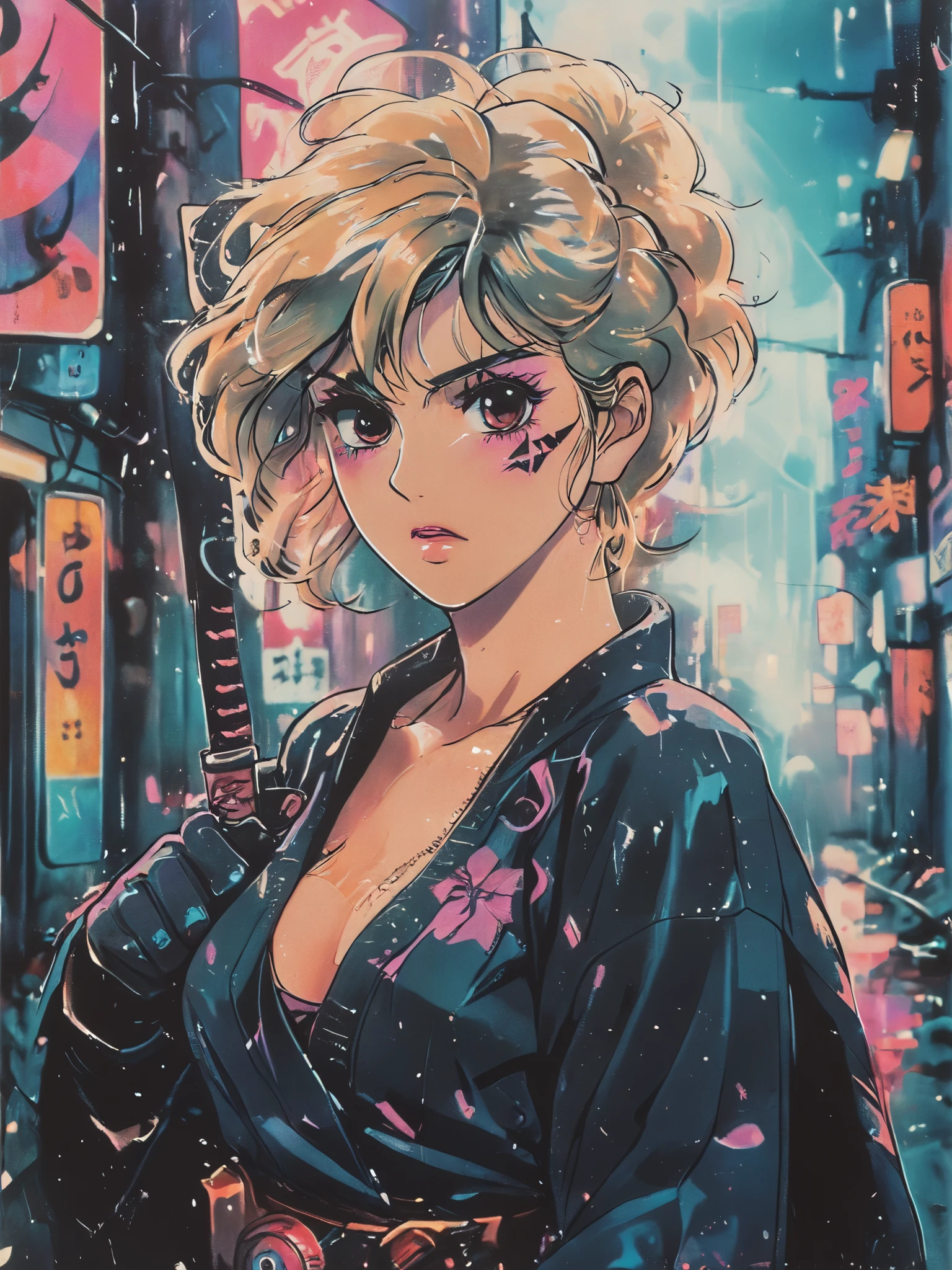 8k,masterpiece,best quality,woman cyberpunk blonde maiko style showing off cleavage and coverd single eye wirh black eye patch cloth, standing quietly with her hand on the sword and the other hand Holding a shuriken stowed on her back in a future night rainy neon city growing pink and violet futuristic huge neon signs.