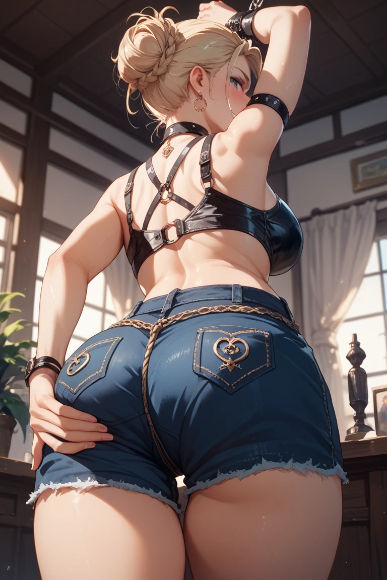 ultra-detailed、highest quality、Highest image quality、master piece、8K、blonde curly hair、(SFW huge body)、(((Rear view)))、cowboy shot