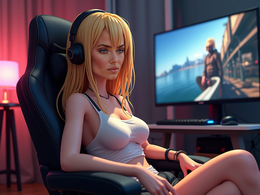 Create a high-quality, detailed image of a beautiful anime girl with long, flowing hair and intricate details. She is sitting in a gaming chair in her cozy gaming room, smiling. She is nude and wearing sexy panties, highlighting her stunning curves. The warm, inviting scene includes soft ambient lighting, comfortable seating, and plush bedding, with the room illuminated by a small, glowing lamp. The gaming room features posters, a high-end PC setup with RGB lighting, and various gaming accessories. The overall atmosphere is serene and intimate, with vibrant colors and natural lighting creating a photorealistic effect.