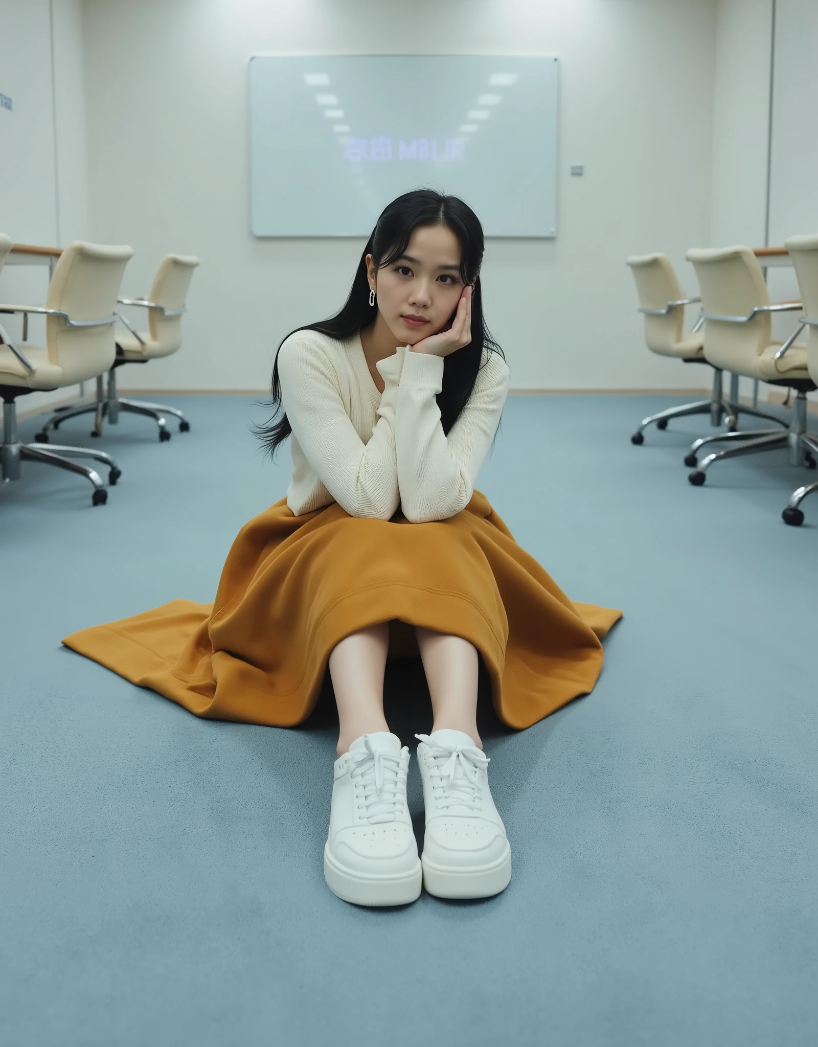 (RAW photo:1.2), (Photorealistic:1.4),Beautiful detailed woman, very detailed eyes and faces, A detailed eye, ultra - detailed,A high resolution, The is very detailed, best quality, real photo, unified,8k wallpaper, best quality, 1 girl, Alone, Autumn and winter outfits, Asian, Japanese, 153cm height girl, The background is blurred out, full body image, curvy girl, Exquisite beautiful face, deep eyes, A beautiful lady, best quality, Full-body portrait of a 25-year-old girl, poker face, no smile, , A beautiful lady, Asian, Japanese, long straight hair, black long straight hair, Low height, poker face, no smile, flat lying on the ground in front white wall in an empty conference room, light blue carpet, Wearing white sweater, Wearing a ginger yellow suede fabric long circle flared skirt midi length, long skirt is covered the legs, white sport shoes, Whole body photo, full body wallpaper, well-lighted, High resolution, sharp photo, best quality, studio well lighted, natural white day light, realistic, up angle camera shot, overlook camera