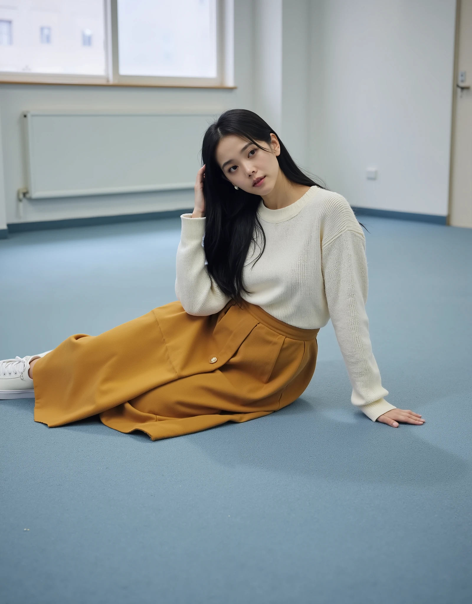 (RAW photo:1.2), (Photorealistic:1.4),Beautiful detailed woman, very detailed eyes and faces, A detailed eye, ultra - detailed,A high resolution, The is very detailed, best quality, real photo, unified,8k wallpaper, best quality, 1 girl, Alone, Autumn and winter outfits, Asian, Japanese, 153cm height girl, The background is blurred out, full body image, curvy girl, Exquisite beautiful face, deep eyes, A beautiful lady, best quality, Full-body portrait of a 25-year-old girl, poker face, no smile, , A beautiful lady, Asian, Japanese, long straight hair, black long straight hair, Low height, poker face, no smile, flat lying on the ground in front white wall in an empty conference room, light blue carpet, Wearing white sweater, Wearing a ginger yellow suede fabric long circle flared skirt midi length, long skirt is covered the legs, white sport shoes, Whole body photo, full body wallpaper, well-lighted, High resolution, sharp photo, best quality, studio well lighted, natural white day light, realistic, up angle camera shot, overlook camera