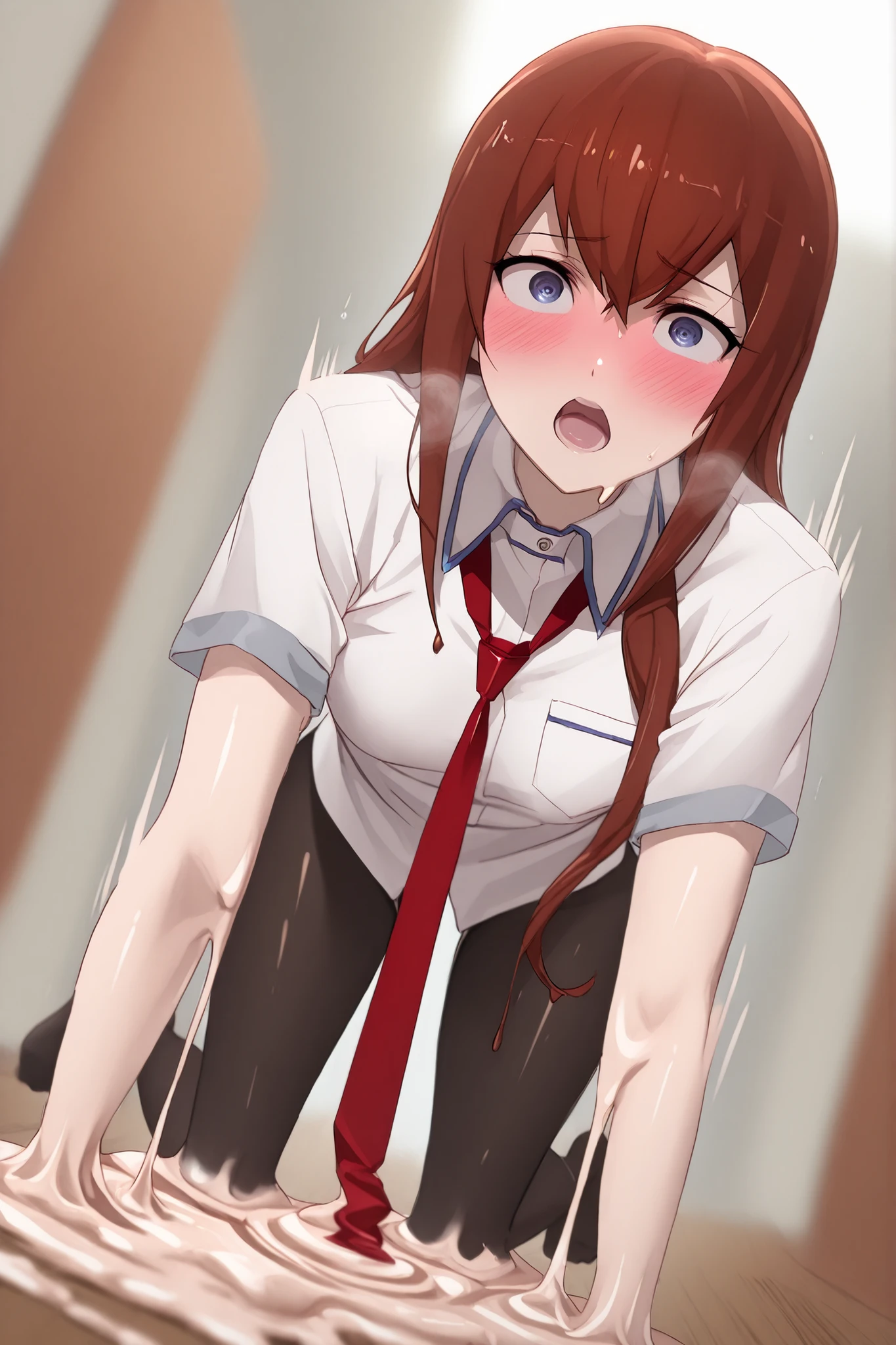 1girl, adult Makise Kurisu, makise kurisu outfit, black pantyhose, red tie, slimify transformation, translucent slimegirl:1.0, full body slimify:1.0, melting:1.0, implied sex, shuddering, full body, (motion lines:1.2),
BREAK slimegirl, slimify outfit:1.0, melting, melting hair, melting clothes,
beautiful detailed eyes, beautiful face,
blushing heavyly, open mouth, heavy breathing,
amazing background, depth of field, great angle, great pose, orgasm,
amazing quality, very aesthetic, extremely detailed