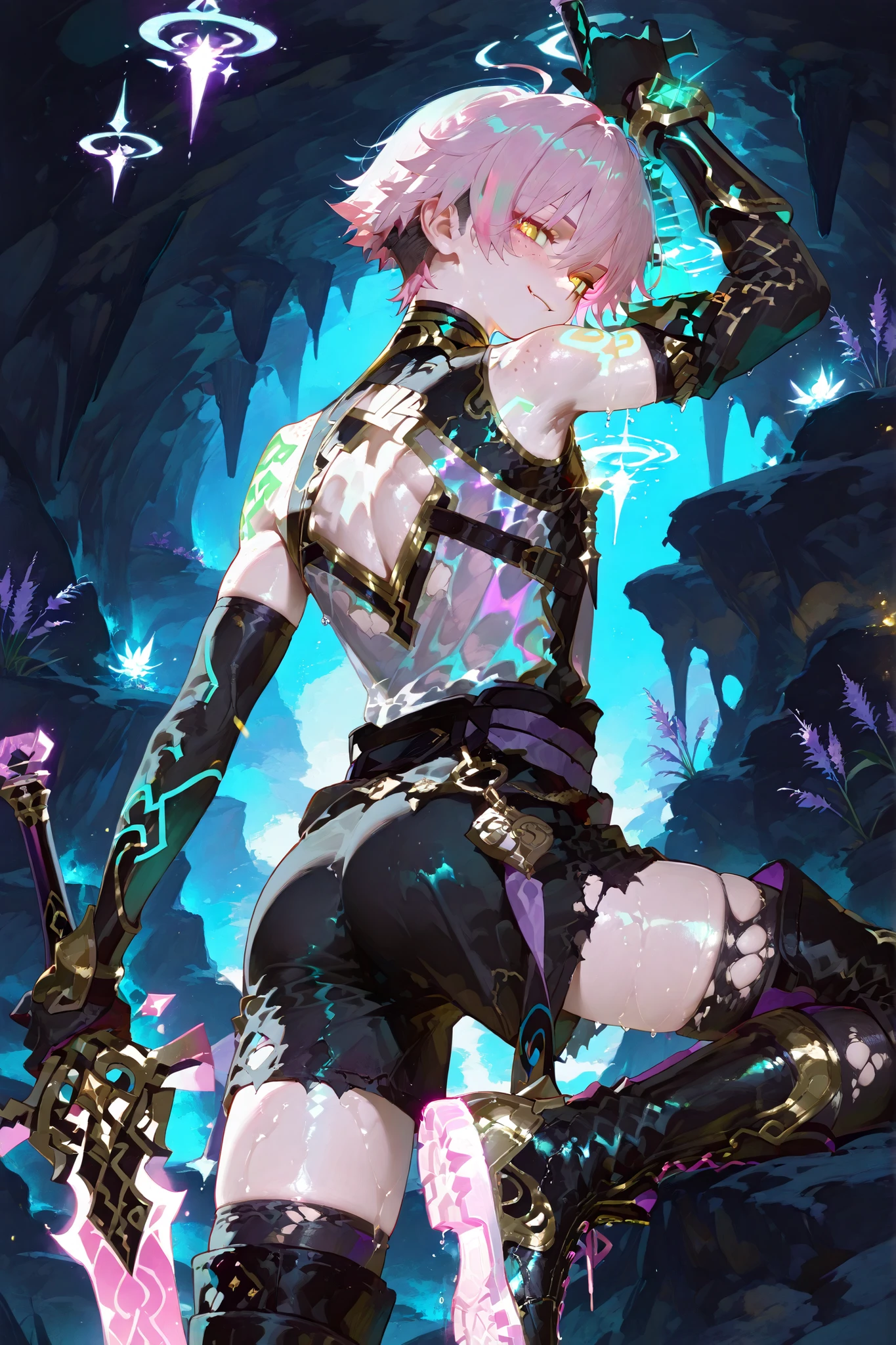 fantasy  outfits,  holographic, alternative-style. manly skinny tanned black skin boy mixed-race black skinned skinny young boy with freckles, glowing clear glossy wet shiny skin, short spiky lavender and salmon pink hair , black trimmed undercut taper sides and back behind hair, and gold bright neon eyes, baggy combat gi shirt with lavender trims shirt with black sleeves,  boy gold trim, with cargo amored black shorts  with gold accents and armor, anime-style, detailed  and bright holographic, tone,   in a fighting combat  holding a obsidian purple and black big  massive sword pose,  very shiny skin, with  lavender white torn socks with gold trims, fantasy holographic, combat high boot torn wrecked sneakers, in the cave  vibrant background, very horny face with a smirk