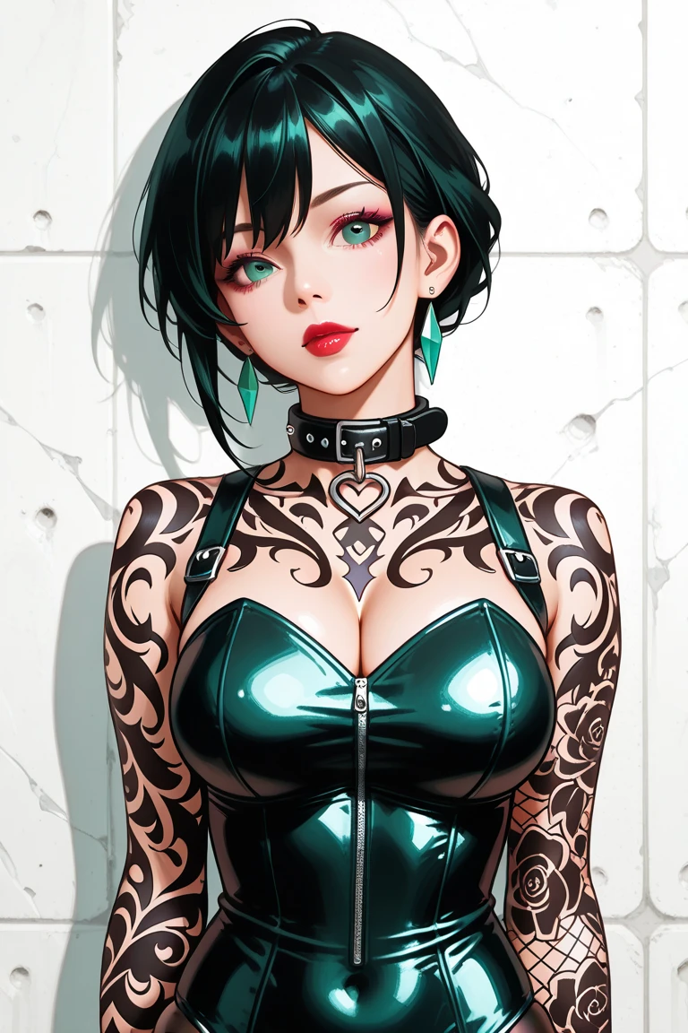 Top view, A woman with her hands in her pockets, Asymmetrical Short Hair, Perfect body, Big Breasts, Full body tattoos, abstract design, A mixed black and white background, Anime Style, Digital Painting, (masterpiece, High resolution, Highest quality)