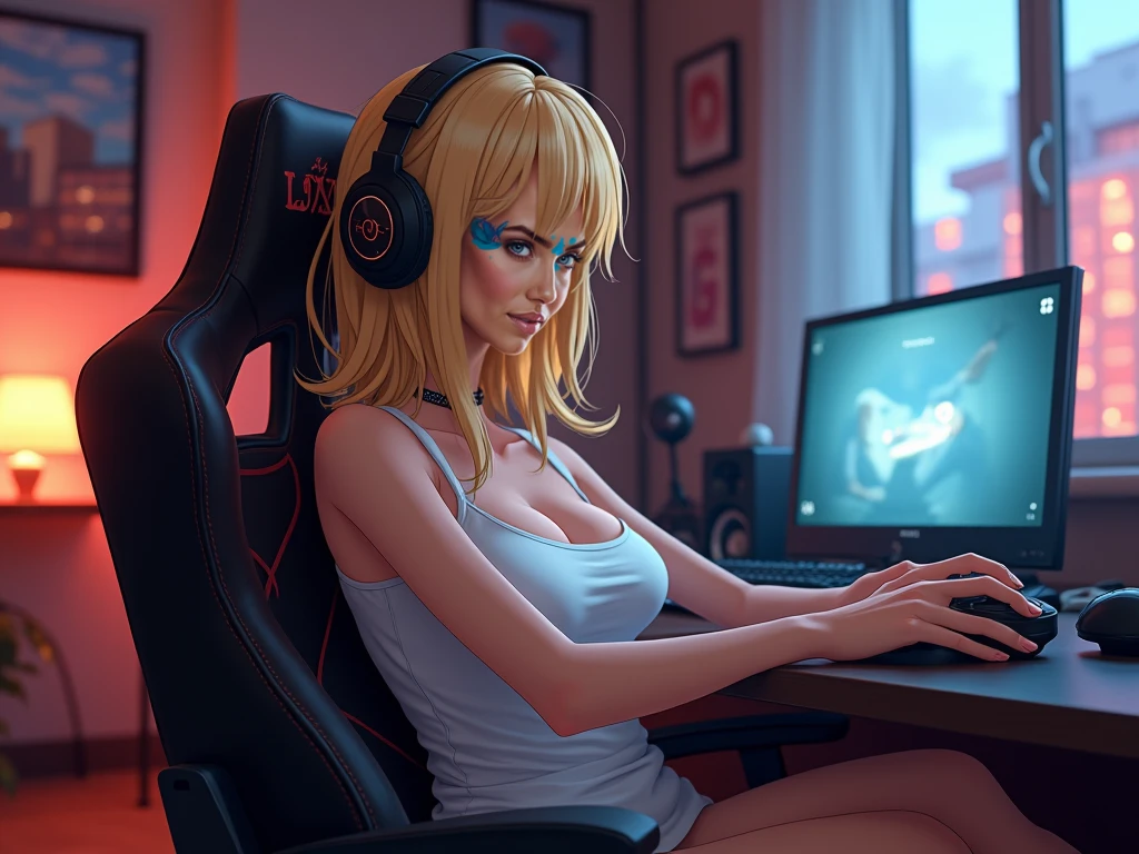 score_9, score_8_up, score_7_up, score_7, score_6_up, score_5_up, (reij-2pcsprtypy, a woman wearing reij-2pcsprtypy ) sitting on the bed, huge TV, video game controller, headset, legs apart, playing video games, low angle