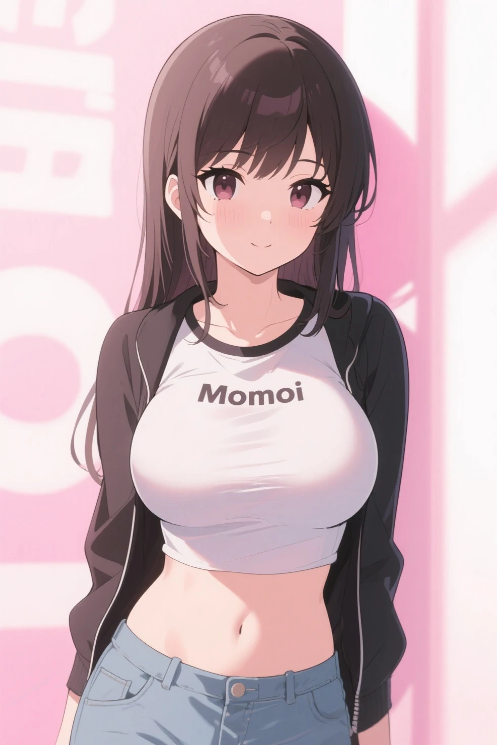Anime style girl with brown hair wearing a black sweater that says I love mm2 with bare shoulders, long hair, black skirt, light pink cheeks, anime style, who has her hands on her head back and smiles and who has big breasts, long hair 