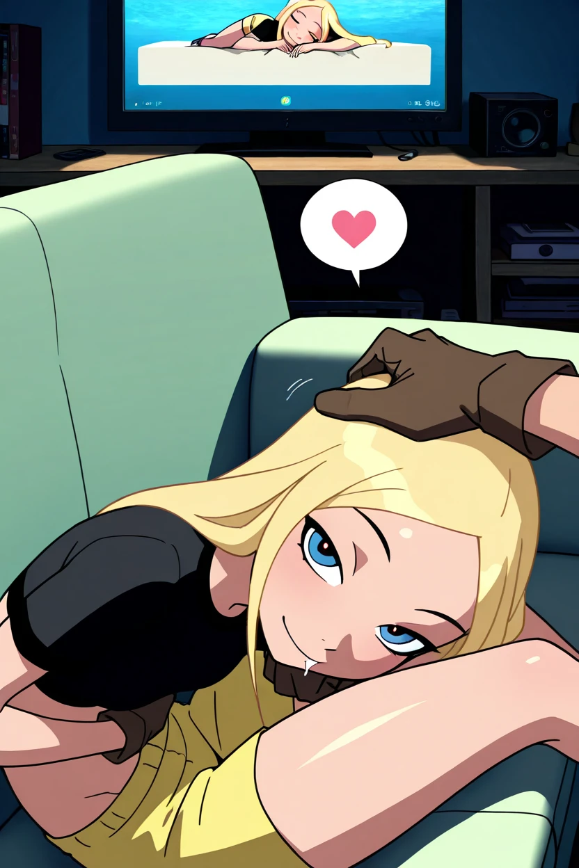 pov, Clover, totally spies, sitting, inside a train, skirt, bare shoulders, crossed legs, blushing, blue eyes, blonde, dick flash, hairy penis, short hair, from above, sucking penis