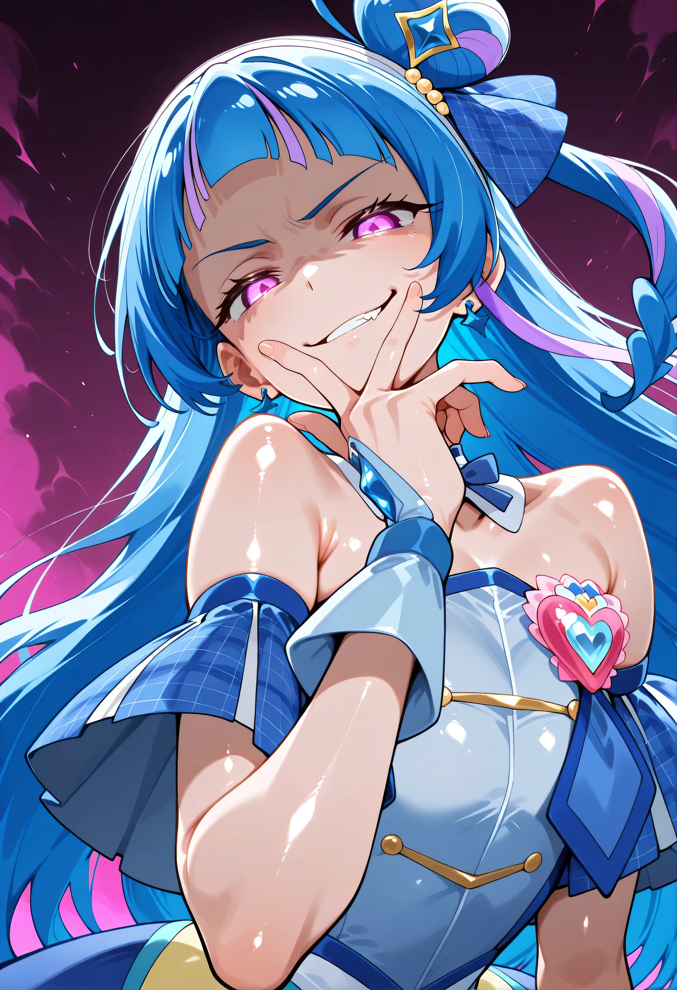 、 Look Down、from below、 break、Cure Wink、cure winks 、Idol Kimi and Idol Pretty Cure Blue Hair、Magical Girl、 mini crowns、purple eyes, blue dress ,slanted hat,very long hair,Dull bangs,bare shoulder,headband,,,nsfw,(evil smirk:1.5),lewd,最高品質,非常に詳細な画像,シングル,1人の少女(shiny skin:1.5),
