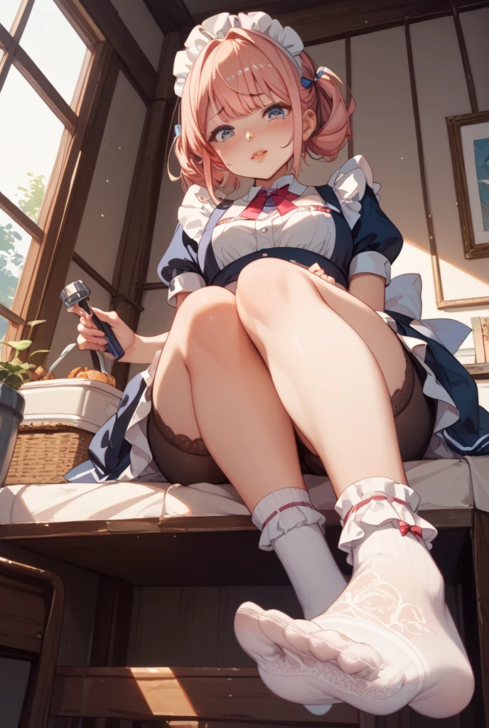 The woman had long white hair down to her waist, wore a cute pink hat, wore pink casual clothes and wore a fairly small skirt with black socks covering her legs up to her thighs. in a position wearing magician clothes. Pregnant and removing white fluid from the uterus.