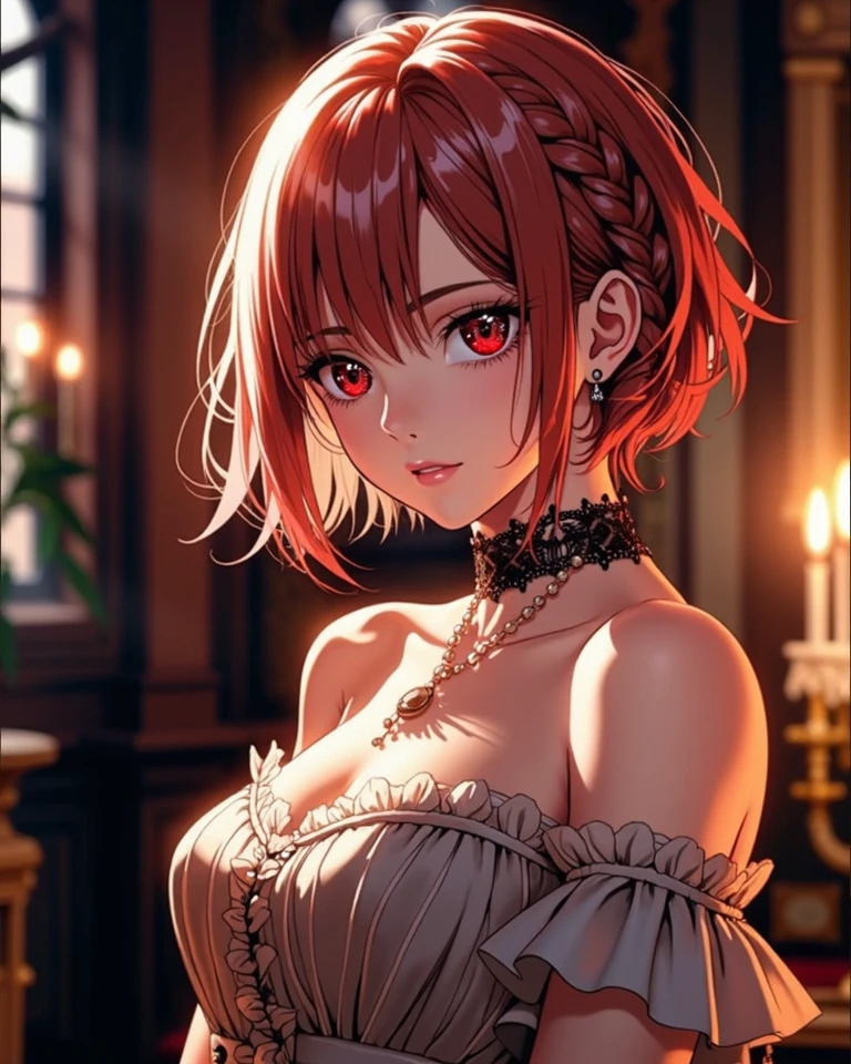 (Masterpiece, Best Quality, High Quality:1.4), professional artwork, Intricate Details, field of view, sharp focus, detailed painting, photorealistic lighting, trending on pixiv, face shot, (vivid lighting, vibrant colors:1.05), realistic shadows, ambient occlusion,
Marie Mamiya, mature female, milf, solo, (curvy:1.1), luxury room, (half body shot:1.1),
(red hair:1.05), hair ornament, lipstick, makeup, (mole under eye:0.9), choker, ultra detail hair, ultra detail face, (yellow glowing eyes:1.05), perfect eyes, perfect face, perfect retina, earrings, (seductive look, blush:1.15),
(main dress:1.4), choker, bare shoulders, necklace, fingernails,
(Large Breasts:1.15), Cleavage,