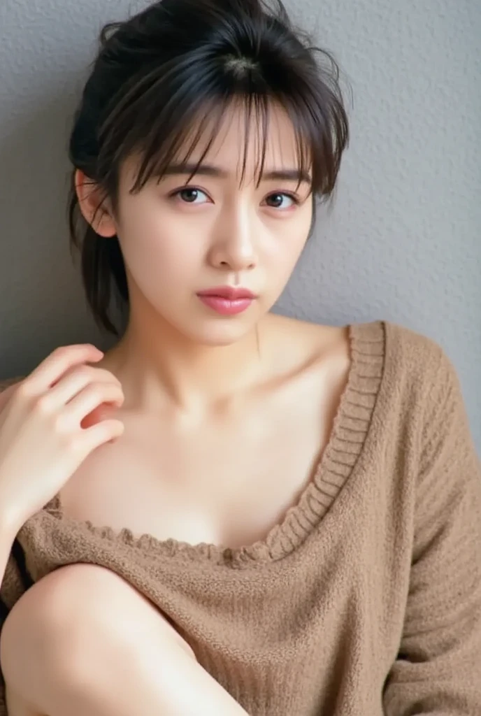 masterpiece, highest quality, 8k, 20th generation, Big Breasts, cute, alone, sad, cute, Girlish, cute、Delicate girl, Pure beauty, RAW Photos, Professional photography, Portraiture, Soft Light, Professional Lighting, Backlight, Head to knee photo, avert your eyes, Sophisticated, Film Grain, (Round face、Young Face、Thin eyebrows、Thin lips:1.0), Floating Hair, beautiful, Flowing hair, bangs, White blouse、pastel cardigan、(Small breasts、Flat Chest)、You can see the chest a little、Micro Mini Skirt、Voluptuous thighs、dolly make、Heterochromia iridis、Left and right eyes are different colors、Midsummer sky、Cumulonimbuidsummer Beach