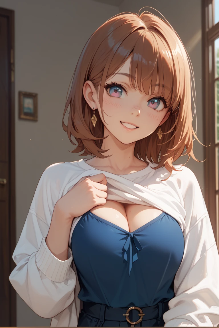 one woman, boyish, big breasts, masterpiece, highest quality, high school girl, beautiful breasts, open shirt, short hair, Upper body, smile, open your mouth, 