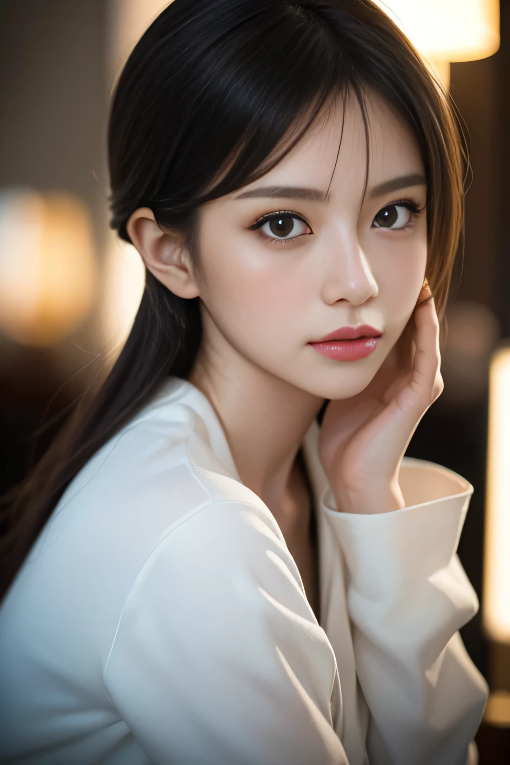 (masterpiece:1.2),(Highest quality:1.2),(Very detailed:1.3),(High resolution:1.2),(Photorealistic Stick),(RAW Photos),8K,Shooting indoors,Cinema Lighting,a close up of a woman with a white shirt on posing for a picture,Soft portrait shots,Beautiful Japanese Women,Gorgeous face portrait,Eye light,Sharp pupils,Very beautiful face,Beautiful portrait,A lovely and delicate face,Beautiful young Japanese woman,Random hairstyle,Look this way,(Depth of written boundary),(Cinema Lighting),(front),((From above)),(POV shot)