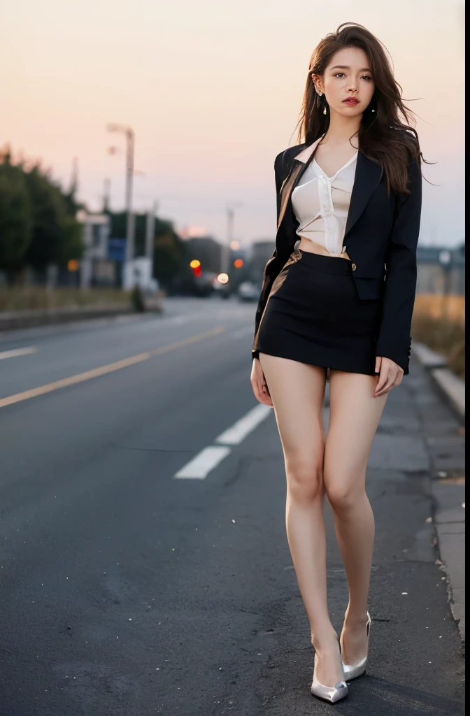 (8k, RAW photography, best quality, masterpiece: 1.2), (Shinjuku at night Japan), (sidewalk), (professional lighting), (photon mapping), (one girl), (solo: 1.4), (full body: 1.5), (sexy), (light brown medium hair), (see-through wet white panties: 1.5), (camel toe), (high heels), (blazer: 1.2), (short skirt:1.5), (bare legs: 1.3), (detail), (beautiful face), (perfect proportions:1.2), (long legs:1.2), (thin breasts:1,5), (panties visible from under skirt:1.3), (detailed female pubic shape clearly visible:1.5), (pubic hair:1.5), (low angle:1.3), (realistic), (without panties:1.5)