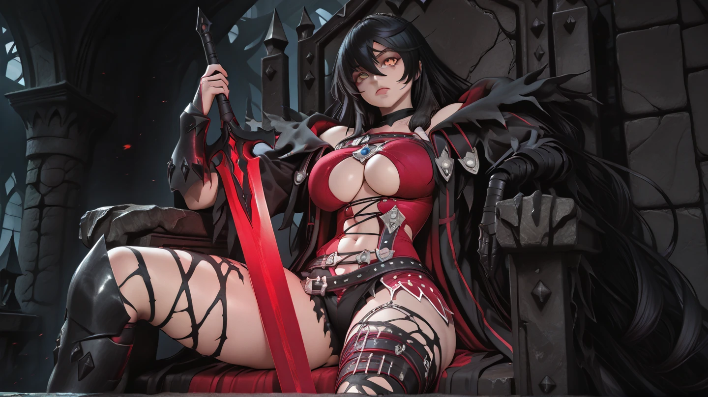 elf woman, warrior, (beautiful bright red eyes, highly-detailed:1.5), (casually holding a huge weapon with her hand), (twin glaive / two blade sword), beautiful fingers, clear lines, clear boundaries, color matching, 