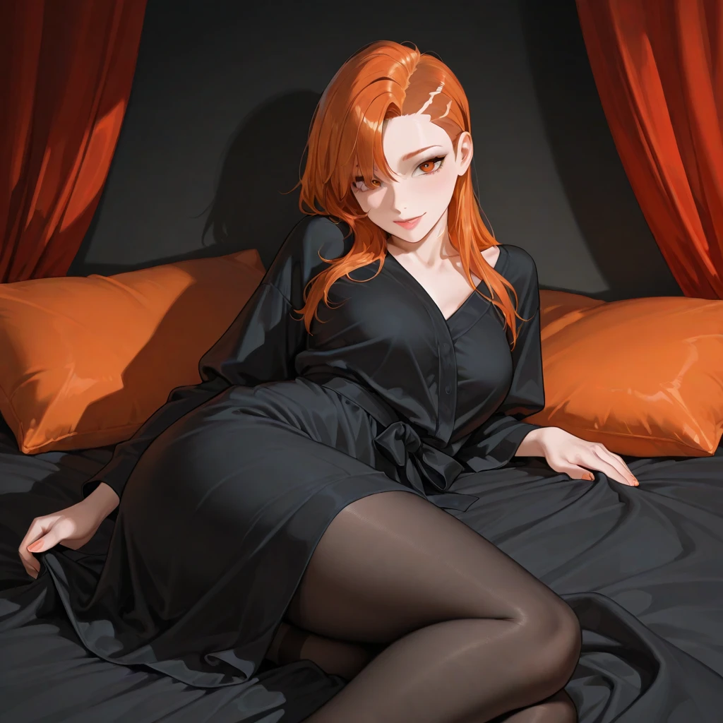 arafed photo of a woman in a black dress sitting on a bed, ((RED HAIR ))glamour pose, olga buzova, sexy pose, elegant seducing pose, sexy dominant pose, glamorous pose, very sexy pose, seductive lady, glamour photography, claudia schiffer, attractive pose, skintight black clothes,