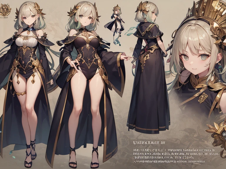 vtuber-fullbody, (character A-poses), (vtuber character design), (1 female), (blonde hair, green underlight)+, wavy hair, (soft and gentle woman) , (witch)++, (very mature woman)++, 30 years old, milf, (beautiful eyes)+, one piece dress, mother nature, (large breasts)+, slim hips, skinny legs, long legs, (CharacterSheet), (full body, reference sheet), best quality, expressive eyes, amber eyes, perfect face, milfication, (makeup, eyeshadow)+, earring