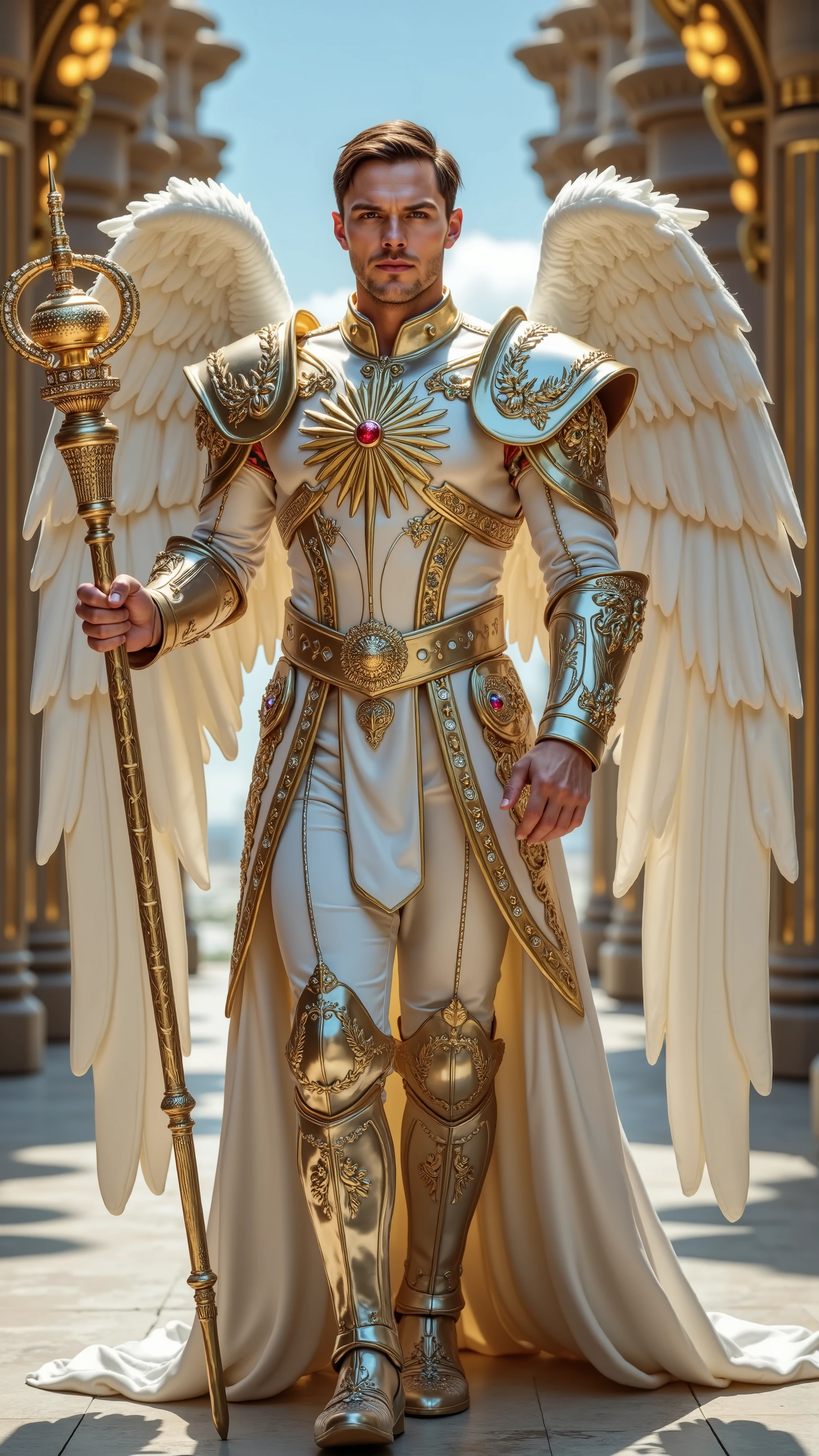 Nicholas Hoult reimagined as a majestic angel Jegudiel walking and holding a golden scepter with huge white angel wings with detailed feathers, 1 male, athletic body, tall height, short light brown hair, luminous fair skin, defined jawline, clear bright blue eyes, dressed in breathtaking, ornate full-body angelic armor crafted from radiant white gold interwoven with celestial platinum, every plate intricately engraved with royal sunburst patterns and divine blessings, the armor inlaid with shimmering rubies, emeralds, and topaz gemstones arranged in sacred formations across the chestplate and shoulders, pauldrons shaped like wide-open radiant wings, gauntlets and greaves detailed with heavenly vine motifs and tiny inlaid gemstones, an opulent flowing cape of pure white and golden silk embroidered with intricate patterns of crowns and laurel wreaths, attached at the shoulders with massive diamond-studded clasps, a shining wide jeweled belt with celestial symbols cinching his waist, the entire armor glowing with a vibrant and serene divine light, in his hands he holds a magnificent golden scepter crowned with a radiant orb encrusted with brilliant multicolored jewels, the scepter emanates beams of light symbolizing divine power and reward, shows his male character’s full figure, athletic body, perfect face, full body, extremely beautiful, god, male shape, perfect anatomy, the background showcases a grand heavenly throne hall with towering golden arches, polished white marble floors reflecting beams of pure light, floating glowing crowns above altars of light, endless pure blue sky stretching through open archways with drifting white clouds, photorealistic, masterpiece, realistic, high contrast, 8k, HD, high definition detailed, detailed, hyper detailed, realistic skin texture, best quality, ultra high resolution, hyper realistic, no text, very detailed eyes