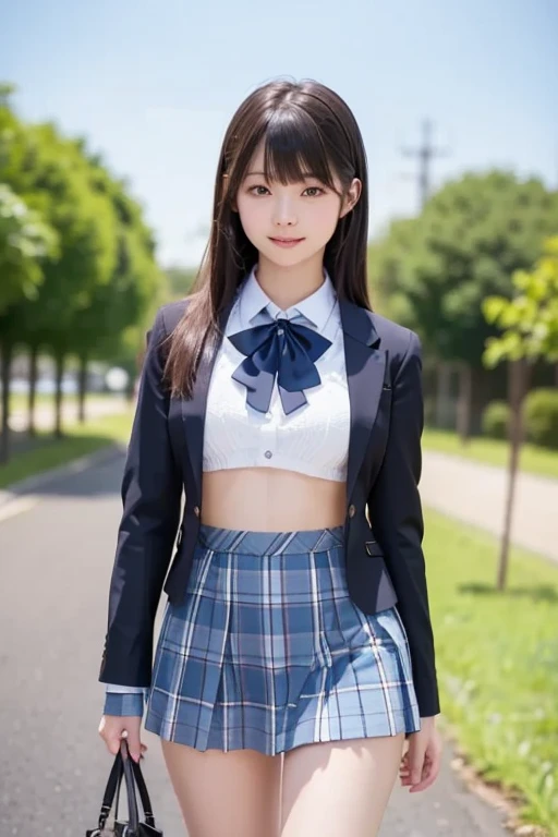(masterpiece, highest quality:1.4), award-winning portraits, 8K, 85mm, alone, beautiful face, delicate girl, , (dark navy blazer jacket), dark navy skirt, long sleeve, violaces, gardenia, grace, Sophisticated, cute, , looking at the viewer, 15 yw photo, disorganized, HDR, sharp focus, A bow tie, background bokeh、(((flat 、thin and delicate body、A childish atmosphere)))、Her shiny semi-long hair is tied up、hair swaying in the wind、Mole on the left cheek、large, round, dark blue eyes、full body、random pose、Run、sprinting、Skirt fluttering in the wind、Junior idol、Nogizaka Idol、widening skirt、jump、mole under eye、sexy、no panties