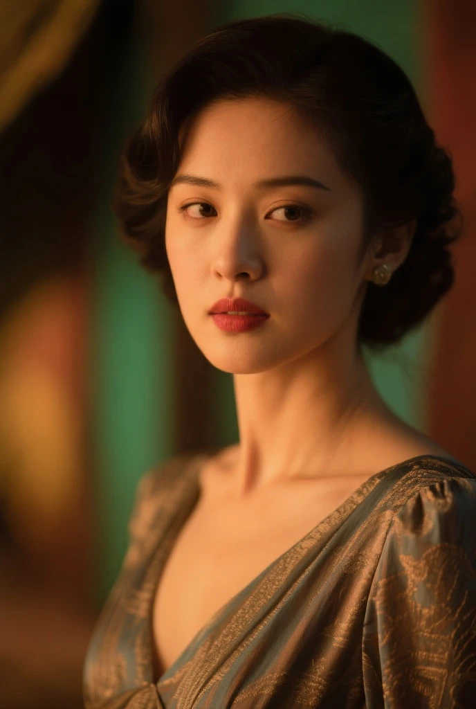 Close-up of beautiful Korean woman, 60 years old, size 34 inches, wearing Ada Wong costume from resident evil, crowded, blurred background, UHD