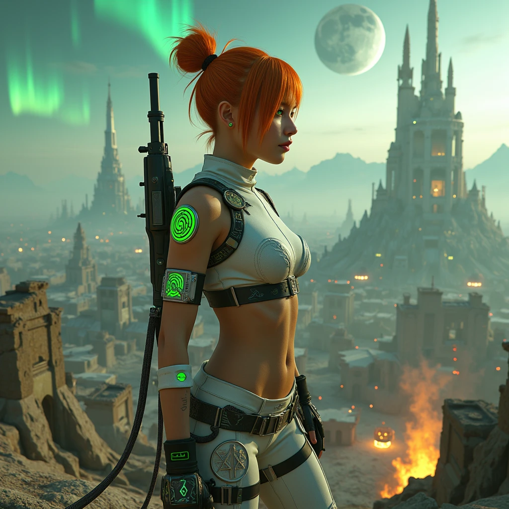 cute redhead woman in twin tails, multiple rainbow colored hair, sky-blue eyes, happy, Ukrainian, petite, pale skin, wearing a green metallic color bikini, post apocalyptic background, bleak barren desert, photo realistic woman. --auto