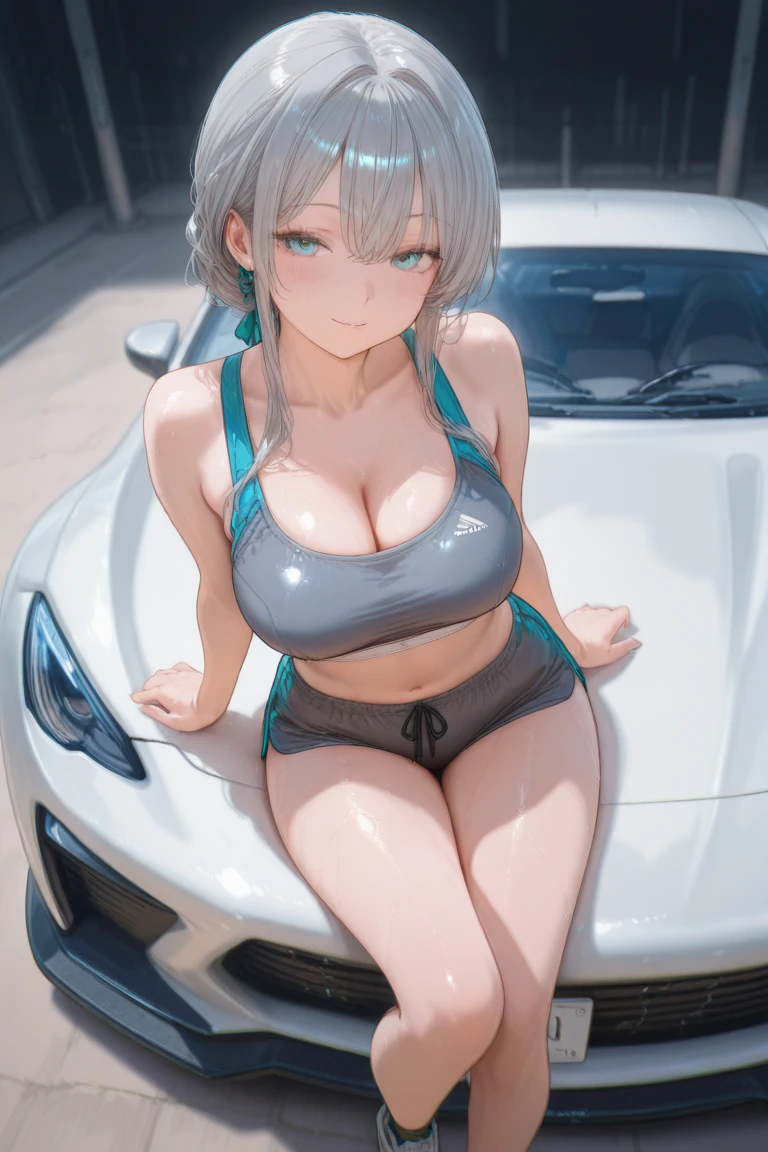 Deep V Big,Half lying inside a luxury sports car,Superskirt,Cross ed leg,fat hips,Eyes are confused
