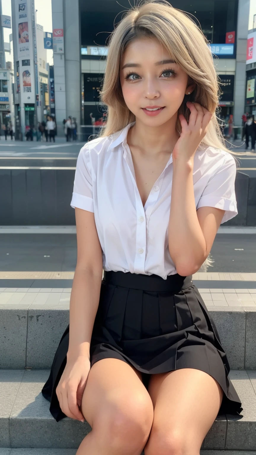 small cute girl, (masterpiece:1.4), (8k), (realistic), Raw photo, (top-quality:1.4), (1girl in), ((girl in a front of Shibuya station:1.5)), beauitful face, (Real Face:1.4), (White hair:1.3, long hair:1.3), Beautiful hairstyle, Beautiful Detail Eye, (Real Skin:1.3), Beautiful skin, enticing, high resolution, hyper-realistic, high-detail, the golden ratio, (detailed face:1.4), (High School Girl Uniform Skirt), Pubic area visible, sit on stairs, ((Bend your knees)), frontage
