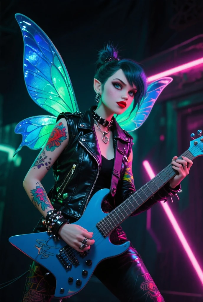 “Mumta, with iridescent wings that shimmer like stardust, prowls the neon-lit stages of distant planets. Her voice, a haunting blend of melancholy and rebellion, echoes through asteroid-filled arenas. Dressed in tattered leather and adorned with cosmic tattoos, she belts out lyrics that speak of love lost across galaxies. Fangs peek out from her crimson lips as she croons, captivating both mortals and extraterrestrials alike.” 🌟🎤🌌