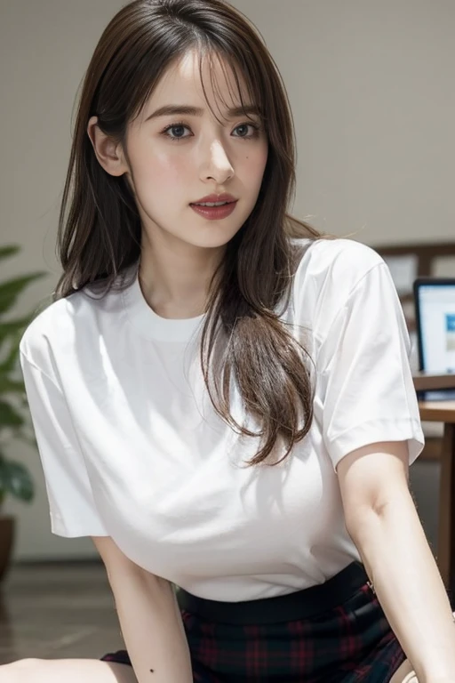 ((Top Quality, 8K, Masterpiece: 1.3)), Sharp Focus: 1.2, (Super Beautiful Face: 1.0), (Glossy Skin: 1.0), Realistic Photos, Black Hair, Realistic Pupils, Movie Lighting, Highly Detailed Eyes and Face, Movie Lighting, full body photo, standing, office clothes, AV style photo, slim body, look outside