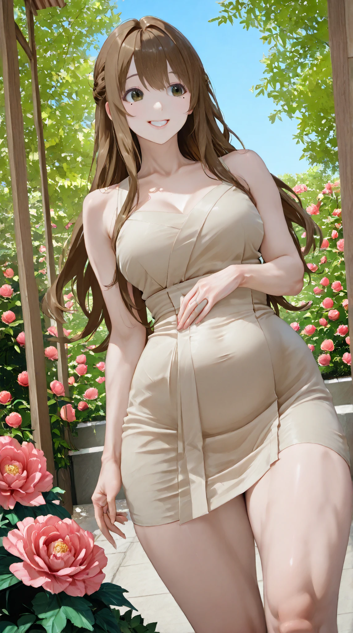 (from below),((1girl:1.5),curvy,petite,beautiful breasts,(large breasts),pale skin,erect nipples),((realistic),high resolution,best quality,masterpiece,(Sense of presence:1.5),(((Dynamic,bold))))),(((extra long High ponytail),(thin hair:1.5),(straight hair),Swept bangs,(extra light coppery red hair),(hair over one eye),hair blowing in the wind)),(long knit dress:1.2)