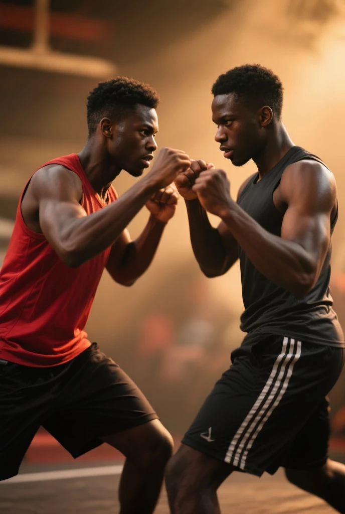 Young muscular white man in leggings fights against muscular black man in the forest. 