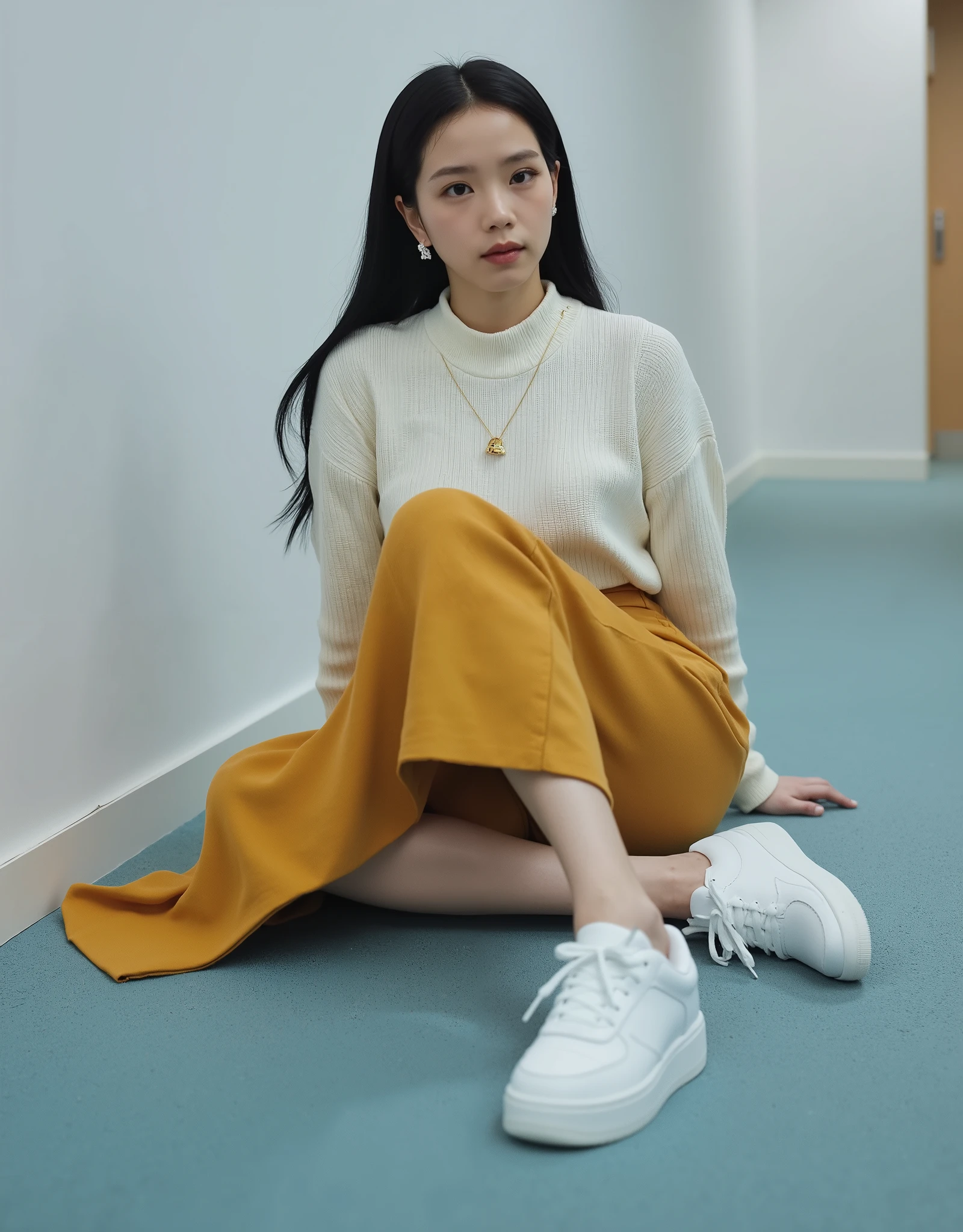 (RAW photo:1.2), (Photorealistic:1.4),Beautiful detailed woman, very detailed eyes and faces, A detailed eye, ultra - detailed,A high resolution, The is very detailed, best quality, real photo, unified,8k wallpaper, best quality, 1 girl, Alone, Autumn and winter outfits, Asian, Japanese, 153cm height girl, The background is blurred out, full body image, curvy girl, Exquisite beautiful face, deep eyes, A beautiful lady, best quality, Full-body portrait of a 25-year-old girl, poker face, no smile, , A beautiful lady, Asian, Japanese, long straight hair, black long straight hair, Low height, poker face, no smile, flat lying on the ground in front white wall in an empty conference room, light blue carpet, Wearing white sweater, Wearing a ginger yellow suede fabric long circle flared skirt midi length, long skirt is covered the legs, white sport shoes, Whole body photo, full body wallpaper, well-lighted, High resolution, sharp photo, best quality, studio well lighted, natural white day light, realistic, up angle camera shot, overlook camera