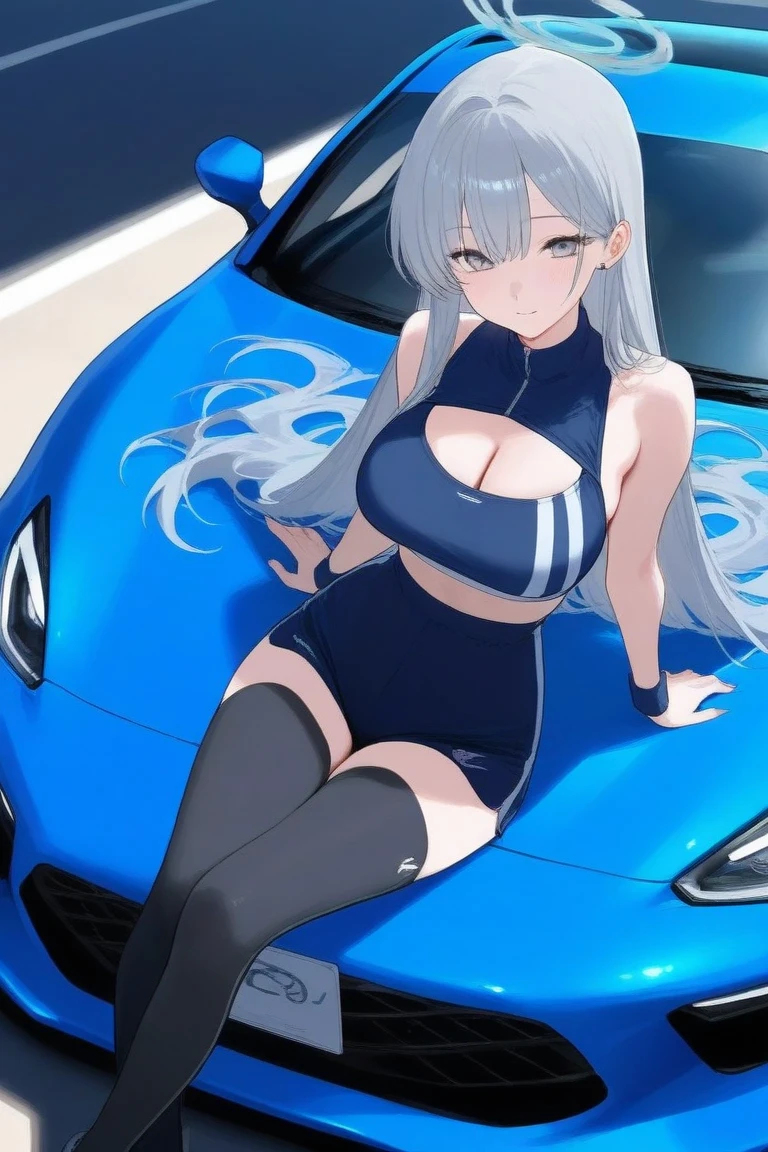 1girl, wide hips, large breasts, wide hips, blonde hair, short hair, very short hair, blue eyes, futuristic, machinery, science-fiction, tech, shoes, sneakers, neon trim, bikini, white bikini, white clothes, blue neon trim, full body, light smile, car, sports car, sport car