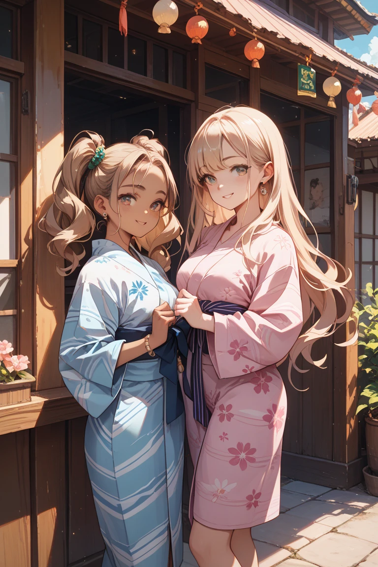 masterpiece, best quality, girls group shot, 10yo, (petite), cowboy shot, from above,
 smile, standing, small breasts, naked yukata, alley,