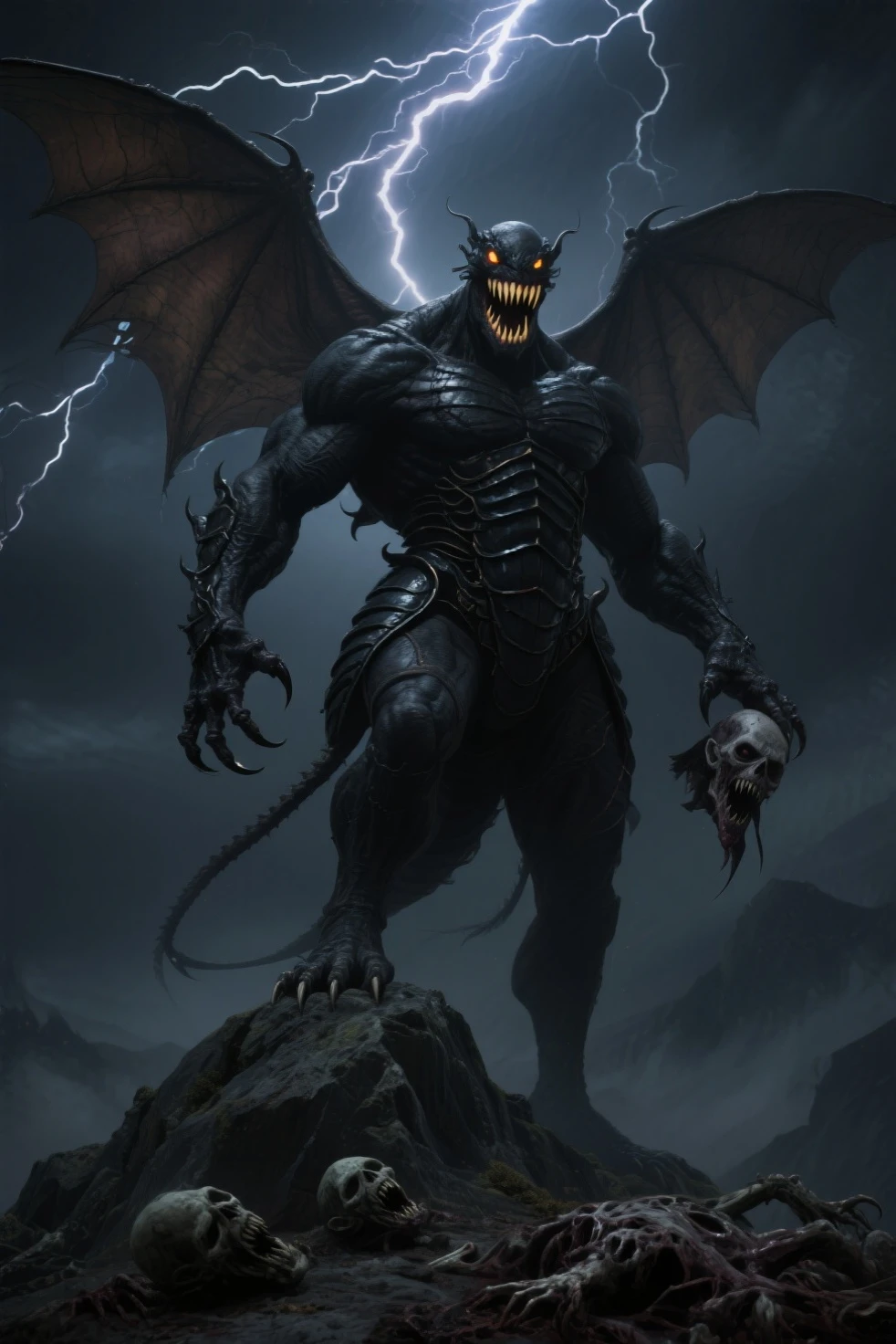 (Extremely detailed 8k wallpaper), full body shot, a scary undead gray gargoyle, necromancer, 2 wings, complex, highly detailed, dramatic