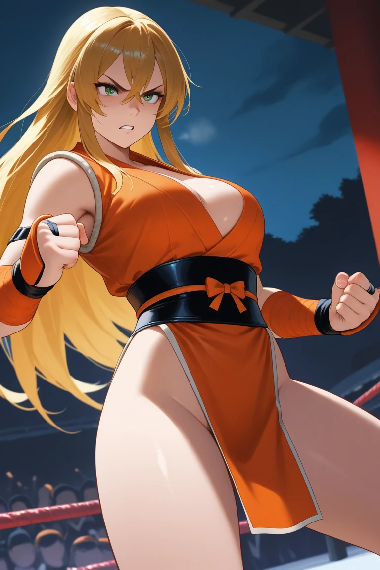 masterpiece, best quality, beautiful art, high resolution, well formed hands, body and fingers, 1 woman, solo, sailor moon , adult, grown up, twin tails, blonde, large and round breasted, cleavage, full body, , sexy sailor senshi uniform, , red boots, gorgeous hips, legs and thighs, blond, white elbow gloves, sailor collar, tiara, earring ,adult, grown up, cosplaying as Mai Shiranui , mai_shiranui_cosplay, adult, large and round breasted, cleavage, full body , hair ribbon, gorgeous legs and, thighs, sexy Japanese clothes, hair ornament , sexy legs , hips and thighs, fighting in a combat match, showing her fighting skills, making her guard, about to hit the viewer, looking at the viewer, sweating, bouncing breasts, smiling joyfully and brightly, being confident and proud, action and fighting scene, fighting cage on beach environment.