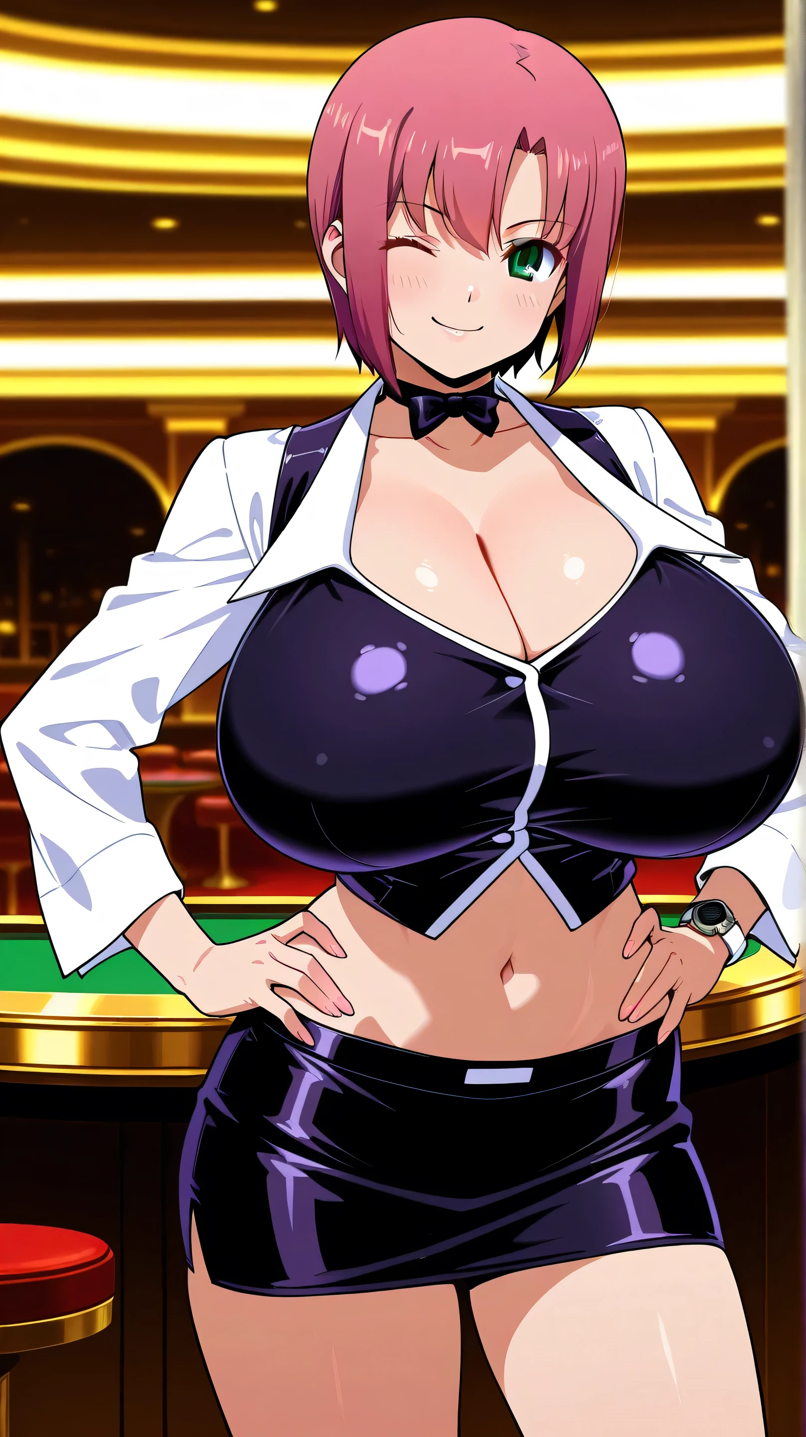 nsfw,Masterpiece、Cowboy Shot、One hand on hip、phsaber,Artoria、((Big Breasts))、(smile)、((Completely naked))、((vivid purple sexy high leg panties))、Calm expression、(((Close your mouth)))、((Inside the casino))、Shiny Skin、(Smile)、Vivid Green Eyes、Big eyes、Detailed eyes、Toned thighs、Around 30 years old、Above the knee socks、Glamorous Girl、Sexy pose、Five fingers、