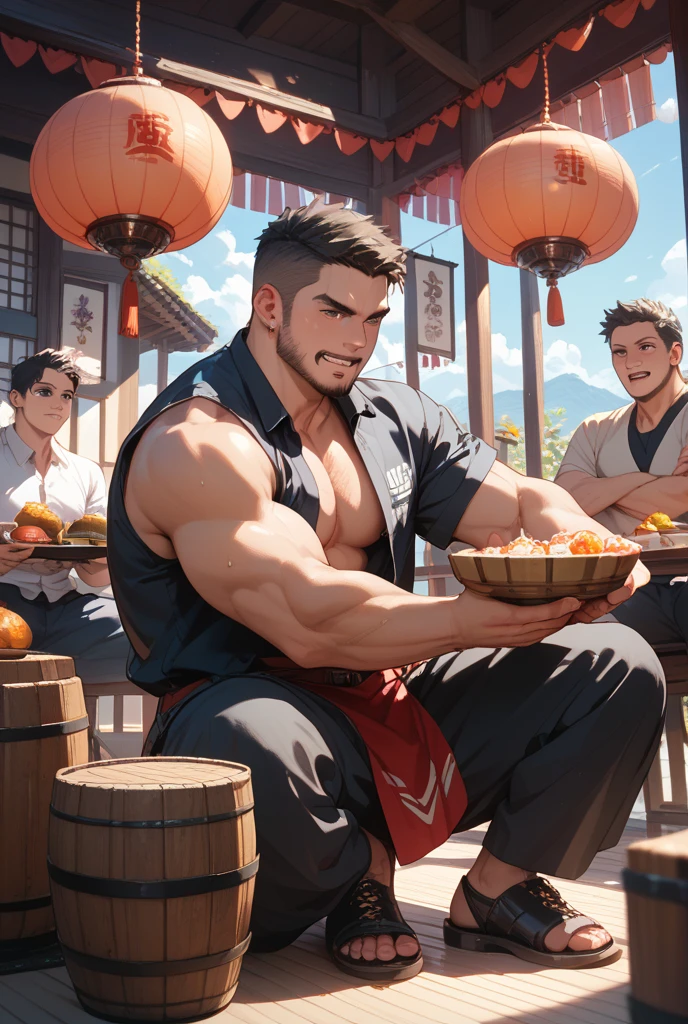 Highest quality、(muscular male:1.3)、(father:0.7)、nipple piercing、4boys、Short Hair、Sports haircut、short hair、Shaved head、Black Hair、Red Hair、Blonde、White Hair、Eating at a beach house、A fun atmosphere、wide view
