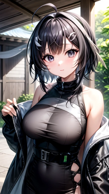 fubuki, fubuki, Black Hair, (Green Eyes:1.5), short hair,
break black dress, dress, Fur coat, High collar, jewelry, necklace, Off the shoulder, Tight clothes, taut dress,
break outdoors,
break looking at viewer,
break (masterpiece:1.2), highest quality, High resolution, unity 8k wallpaper, (figure:0.8), (Beautiful fine details:1.6), Highly detailed face, Perfect lighting, Highly detailed CG, (Perfect hands, Perfect Anatomy), Large Breasts, Upper Body, Cleavage, Super erect nipples,