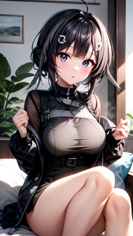 High resolution, woman , good lighting, despicable, , (No nudity), (((micro leather shorts))), ((tight leather top)), (((leather thigh high boots))), (garter belt), abdomen only, (wet shorts), , cute face, I'Iは恥ずかしくて赤面します, humiliating, ((spread your legs)), ((wet state))